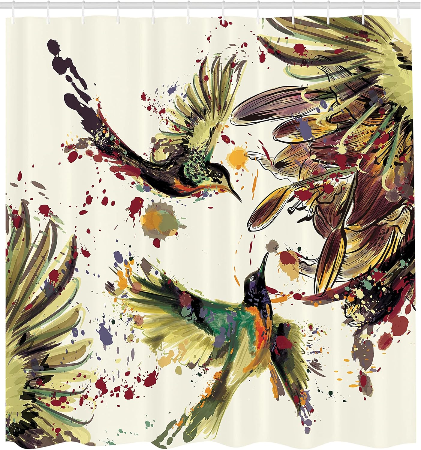 Ambesonne Hummingbird Shower Curtain, Art Lily Flowers Birds and Color Splashes in Watercolor Painting Style, Cloth Fabric Bathroom Decor Set with Hooks, 69" W x 84" L, Soft Green