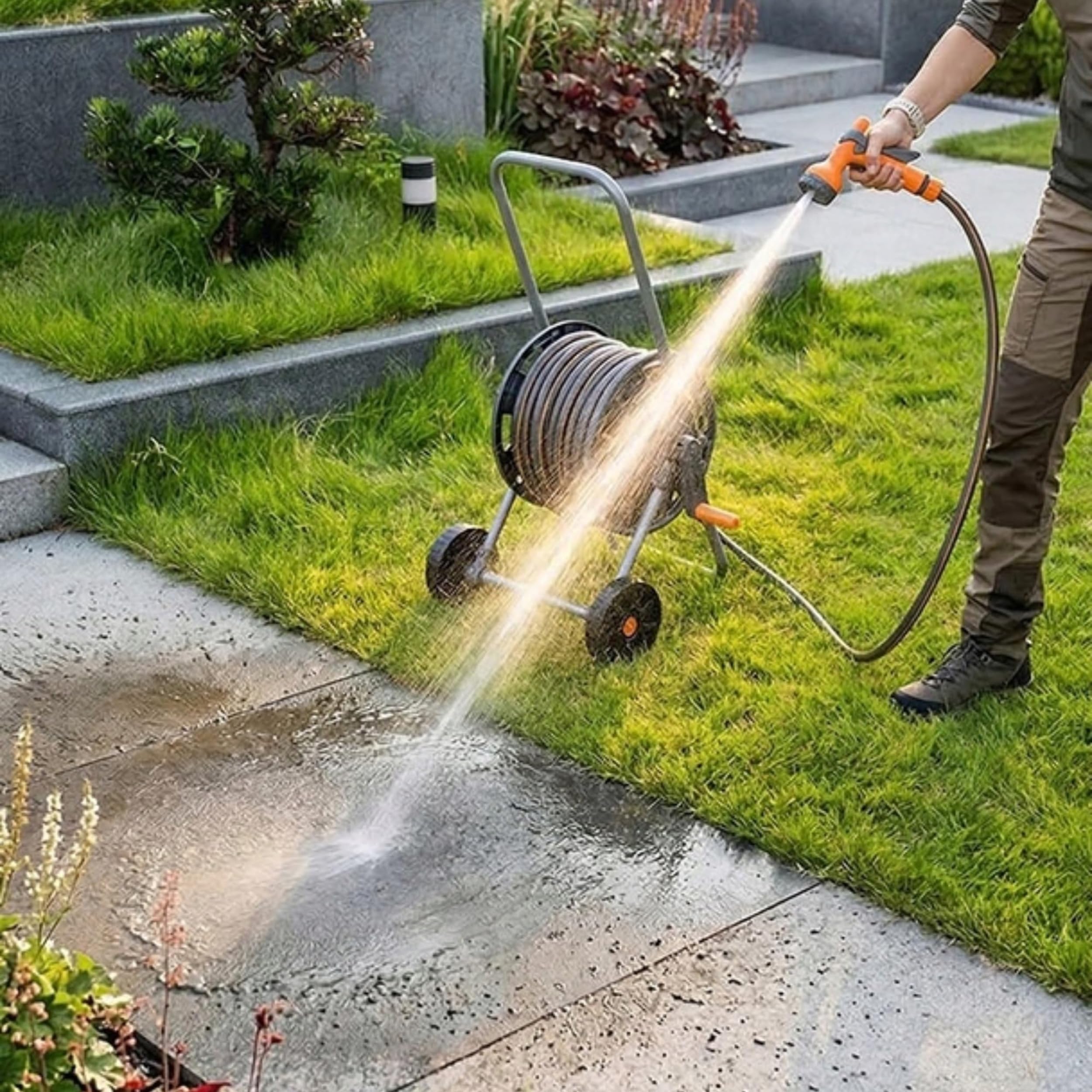 NEO TOOLS Kit complet d'irrigation de jardin mobile, avec dévidoir, tuyau d'arrosage de 30 m et douchette de jardin 6 fonctions pour pelouse, en PVC, résistant aux UV | Tuyau d'arrosage de 30 m - 1/2" - 6 fonctions - Pour pelouse et jardin - PVC - Résista