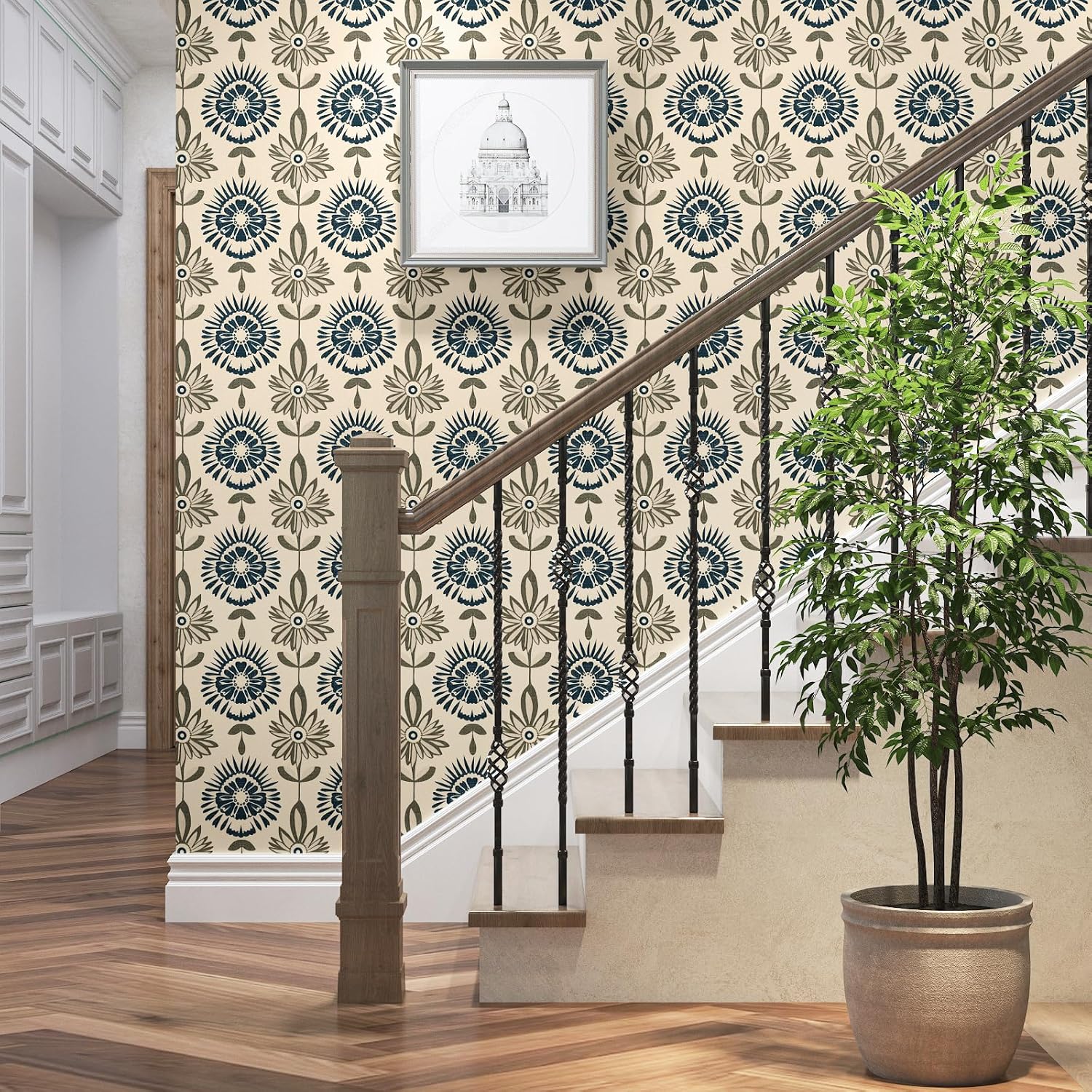 Floral Contact Paper,Boho Wallpaper Peel and Stick,Removable Wall Paper for Countertop Cabinet Walls Renter Friendly Beige 17.5 x 393.5In