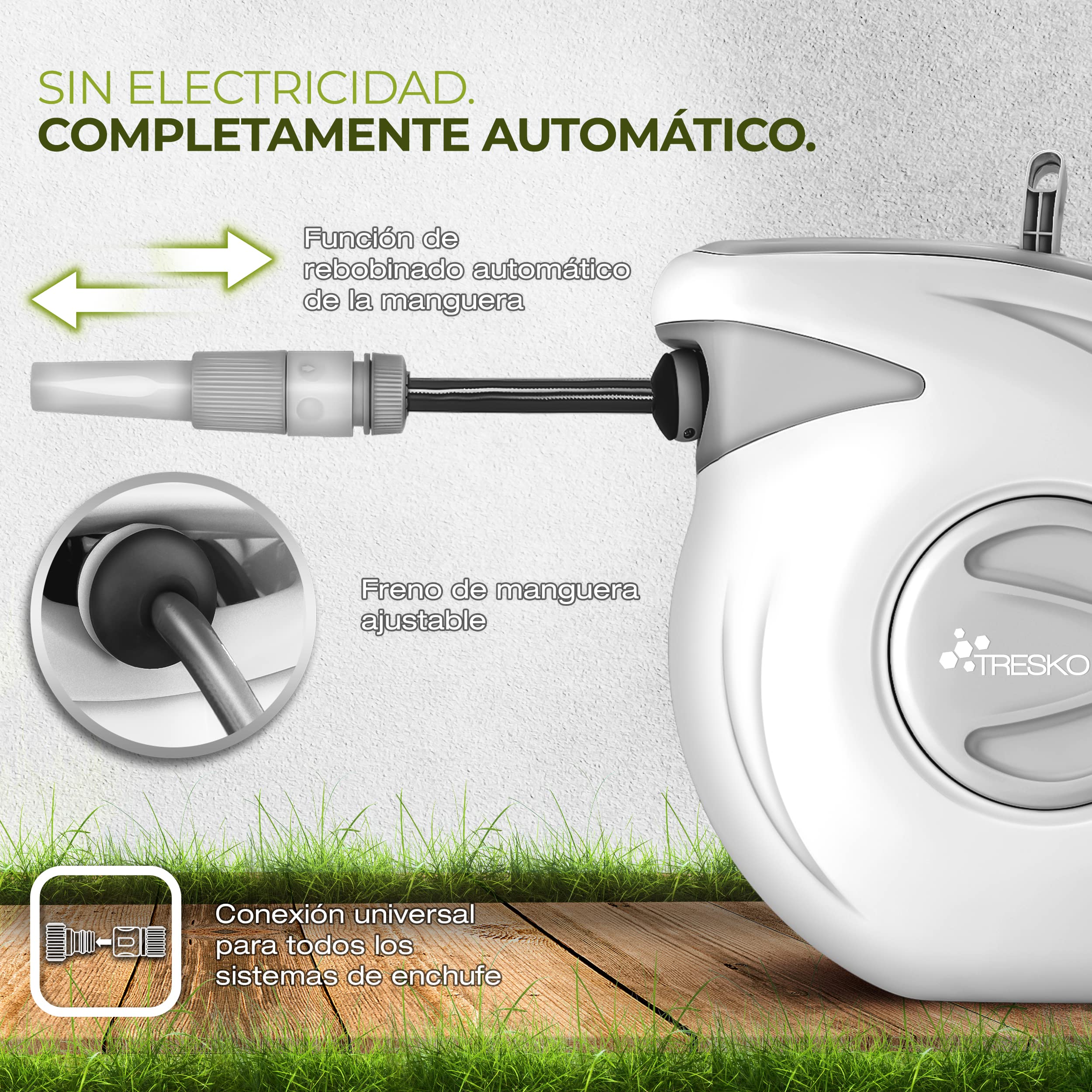 TRESKO® Carrete para Manguera 30+2m | Carro Enrollador de Manguera de Pared | Con Manguera | Automático | Incl. Soporte de Pared, Pistola de Riego y Material de Montaje