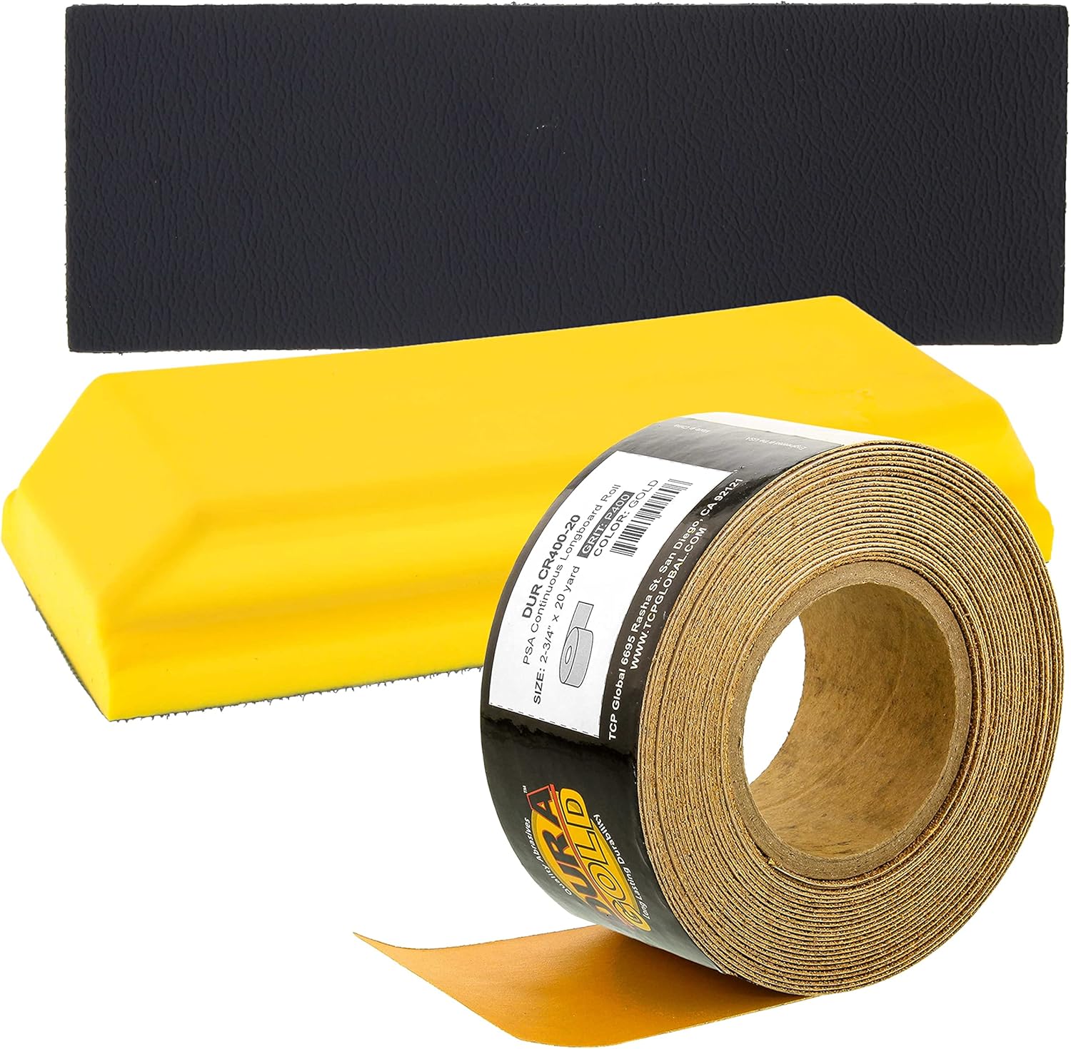 Dura-Gold Pro Series Rectangle 7-3/4" x 2-3/4" Hand Sanding Block Pad with Hook & Loop Backing and PSA Adapter Pad & 400 Grit PSA Longboard Sandpaper 20 Yard Roll, 2-3/4" Wide