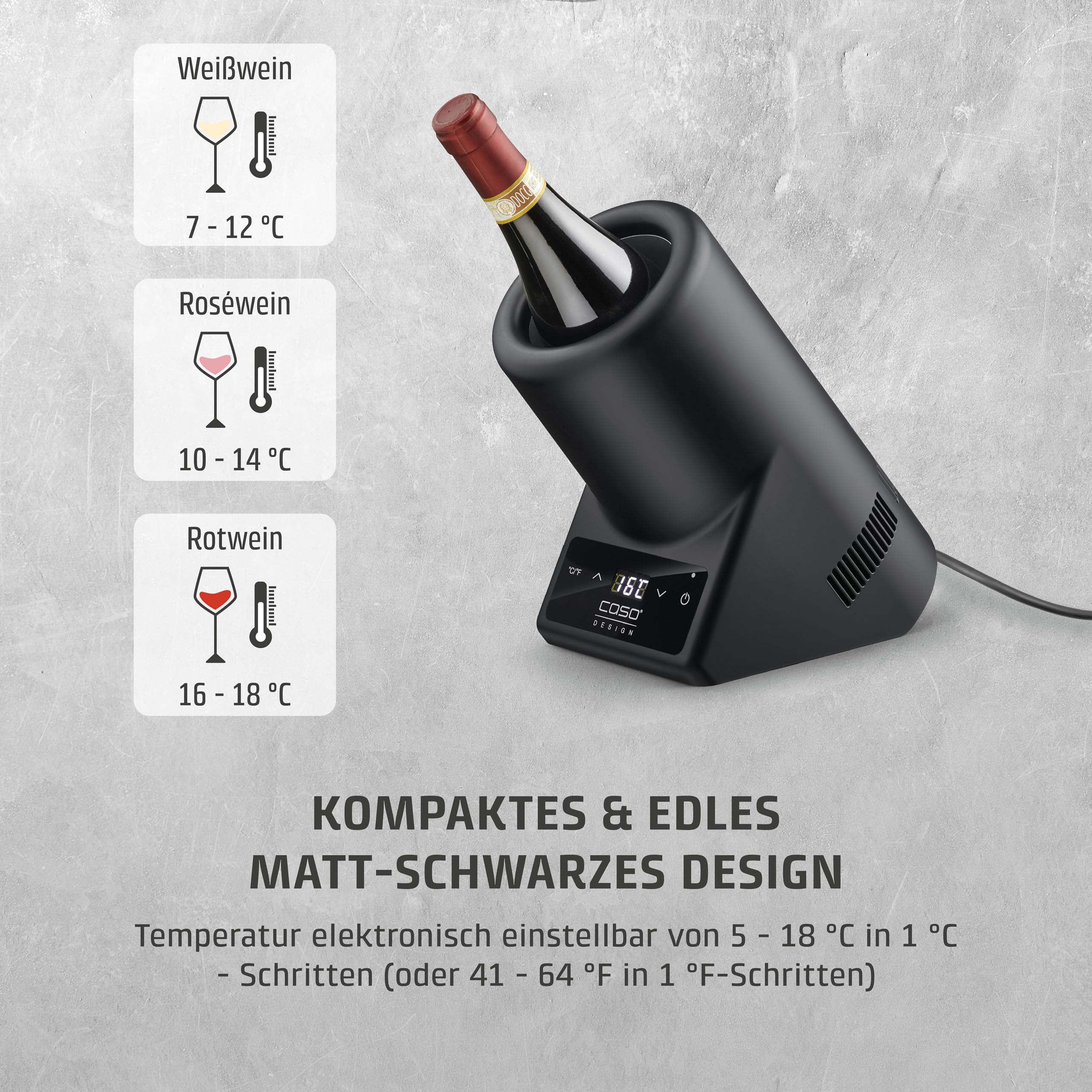 CASO VinoCase Black - Weinkühler für eine Flasche Wein, Champagner, Sekt, etc. / Temperatur 5-18°C/für Flaschen bis 9 cm Ø/Getränkekühler/Leise im Betrieb