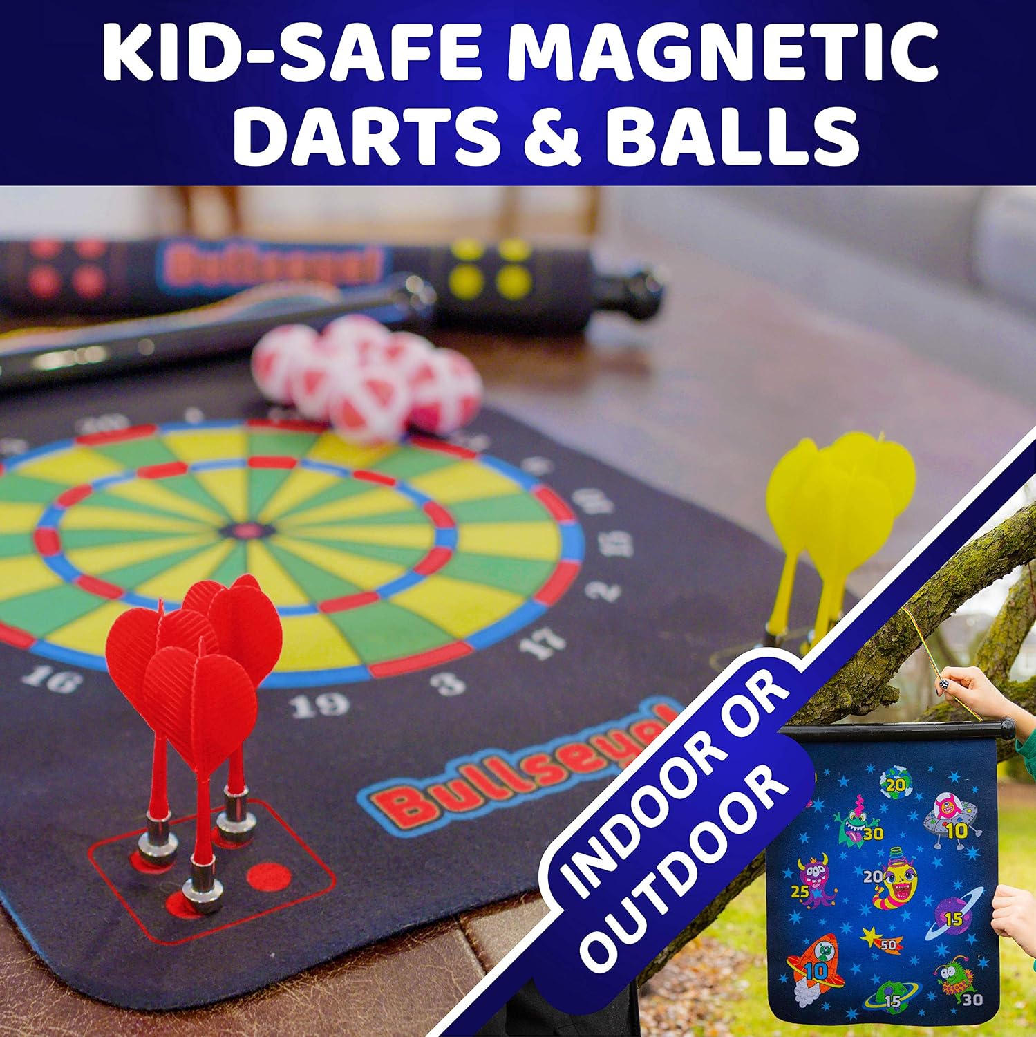 Power Your Fun Magnetic Dart Board for Kids - Roll Up Double Sided Toy Dart Board Indoor Outdoor Dart Board Set with 6 Magnetic Throwing Darts and 6 Dart Balls