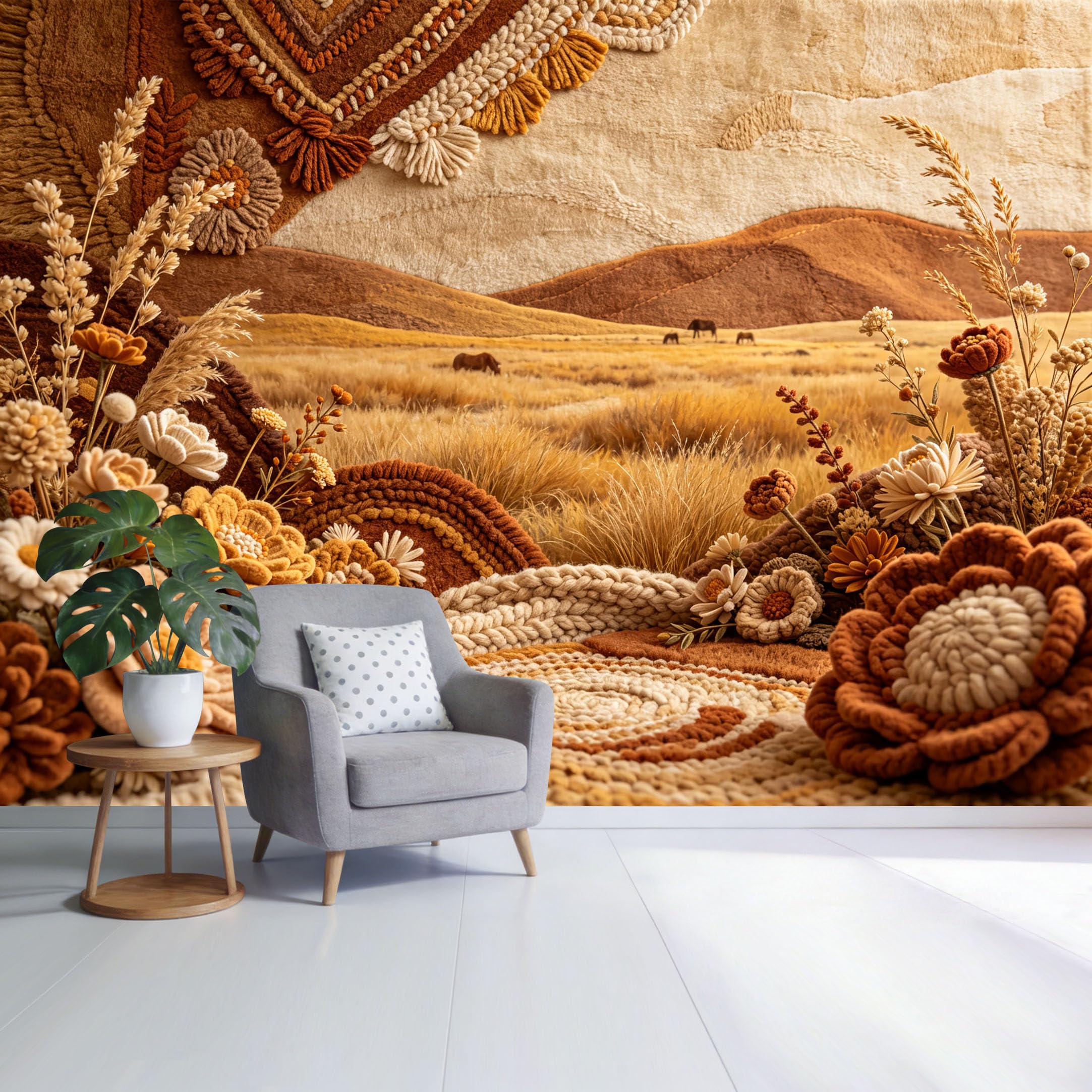 Custom Size Wall Mural Boho Farmhouse Dried Flower Landscape with Woven Texture and Mountain View SelfAdhesive Wall Fabric Removable Wallpaper for Home Office Decor