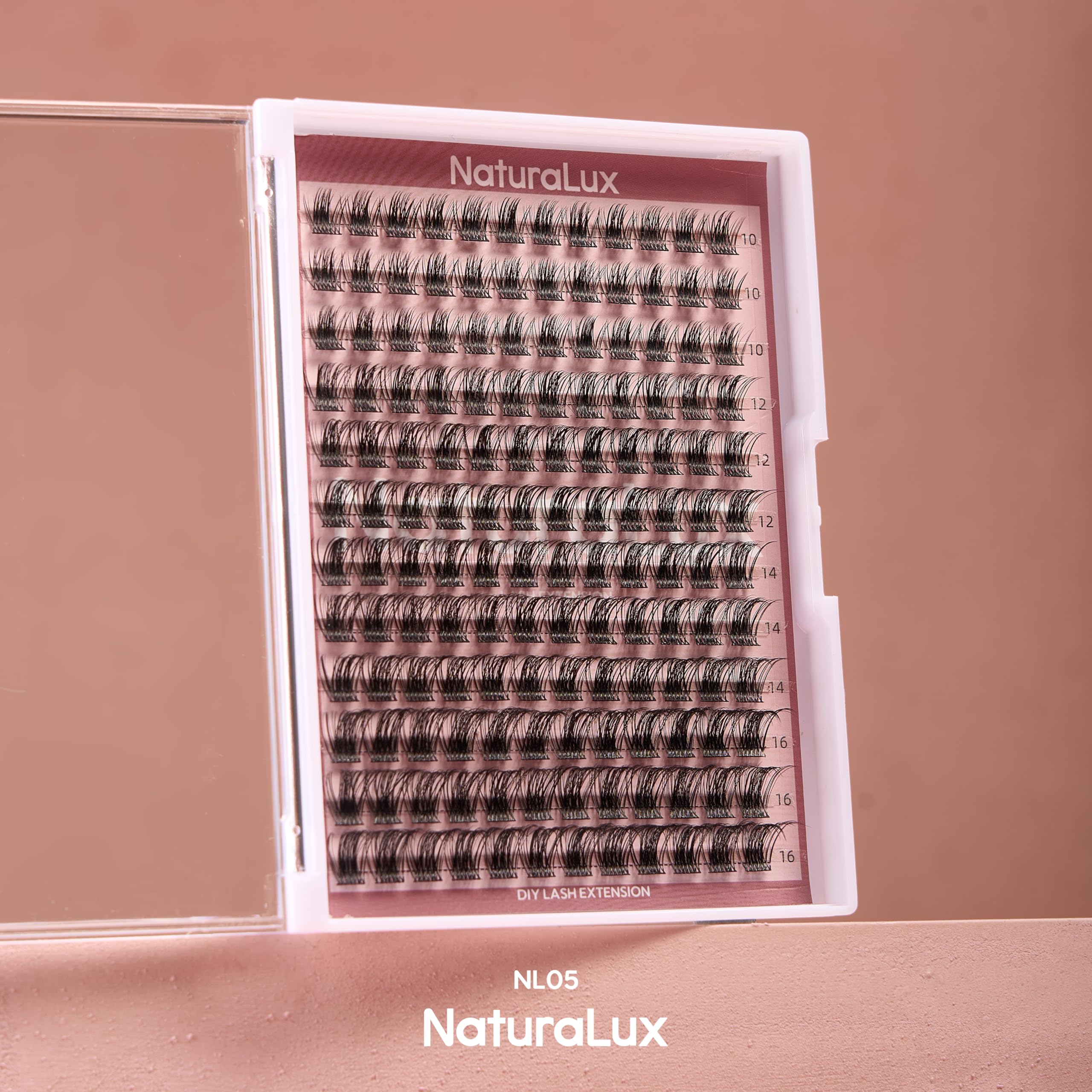 NATURALUX Wispy Glam Mixed Lash NL05; 10 mm, 12 mm, 14 mm, 16 mm; 144 całkowita liczba; sztuczne rzęsy, pojedyncze rzęsy, przedłużanie rzęs, klastry rzęs, D curl