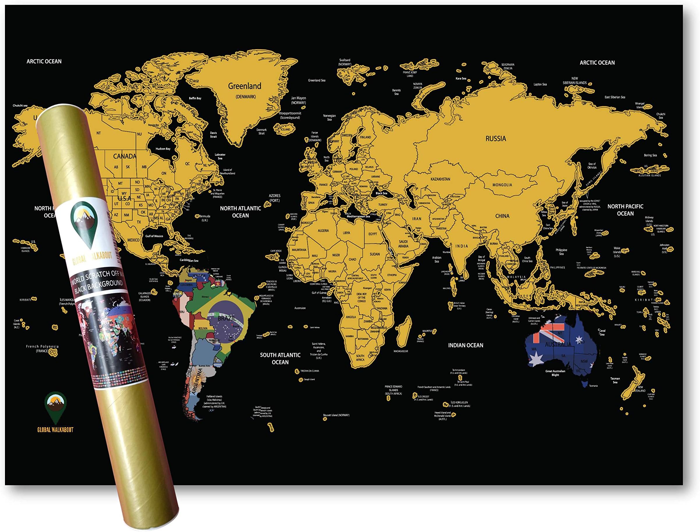 Global Walkabout Scratch Off World Map with Flags Background – Deluxe Travel Size World Map Poster – Countries and Facts – Travel Gift (Black)