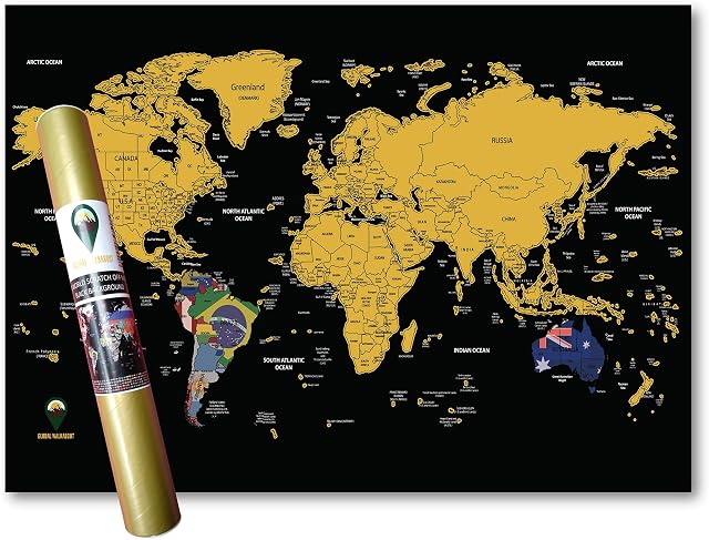 Global Walkabout Scratch Off Map with Flags background Deluxe Travel Size World Map Poster Countries and Facts Travel Gift (Black)