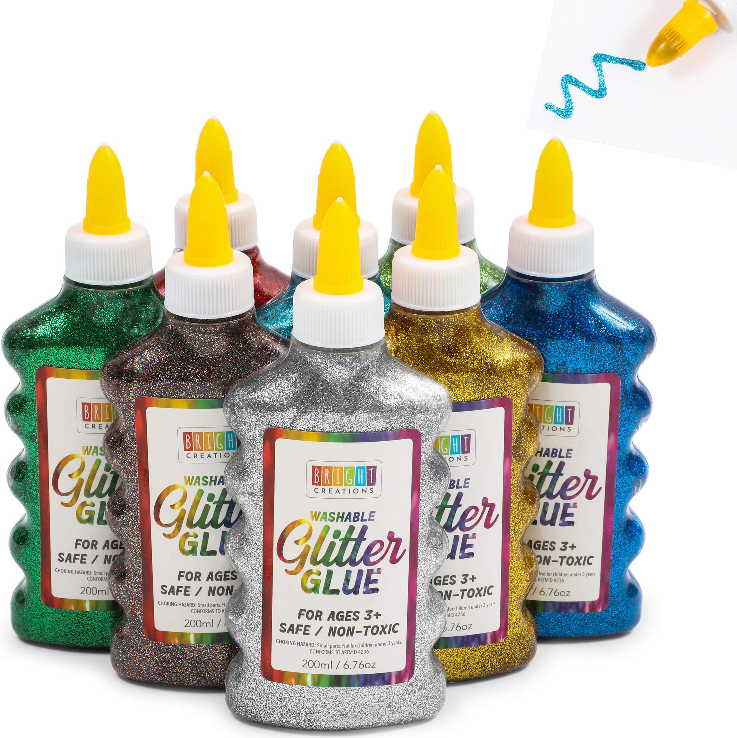 Glitter Glue - Washable Easy-Squeeze Bottles for DIY Craft Projects - Metallic & Multicolor Variety Set - 6.76 Oz, 8 Bottles