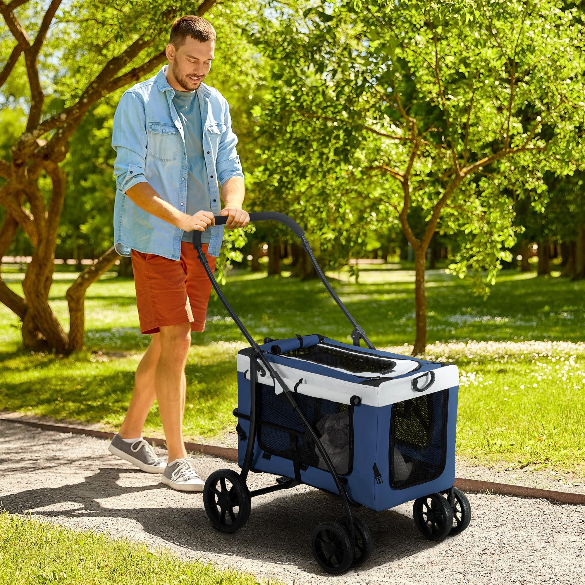 PawHut 2 in 1 Hundewagen Hundebuggy klappbar für Hunde & Katzen bis 10 kg Katzenbuggy mit Kissen Netzfenstern Türen Aufbewahrungskorb Katzenwagen Buggy Blau