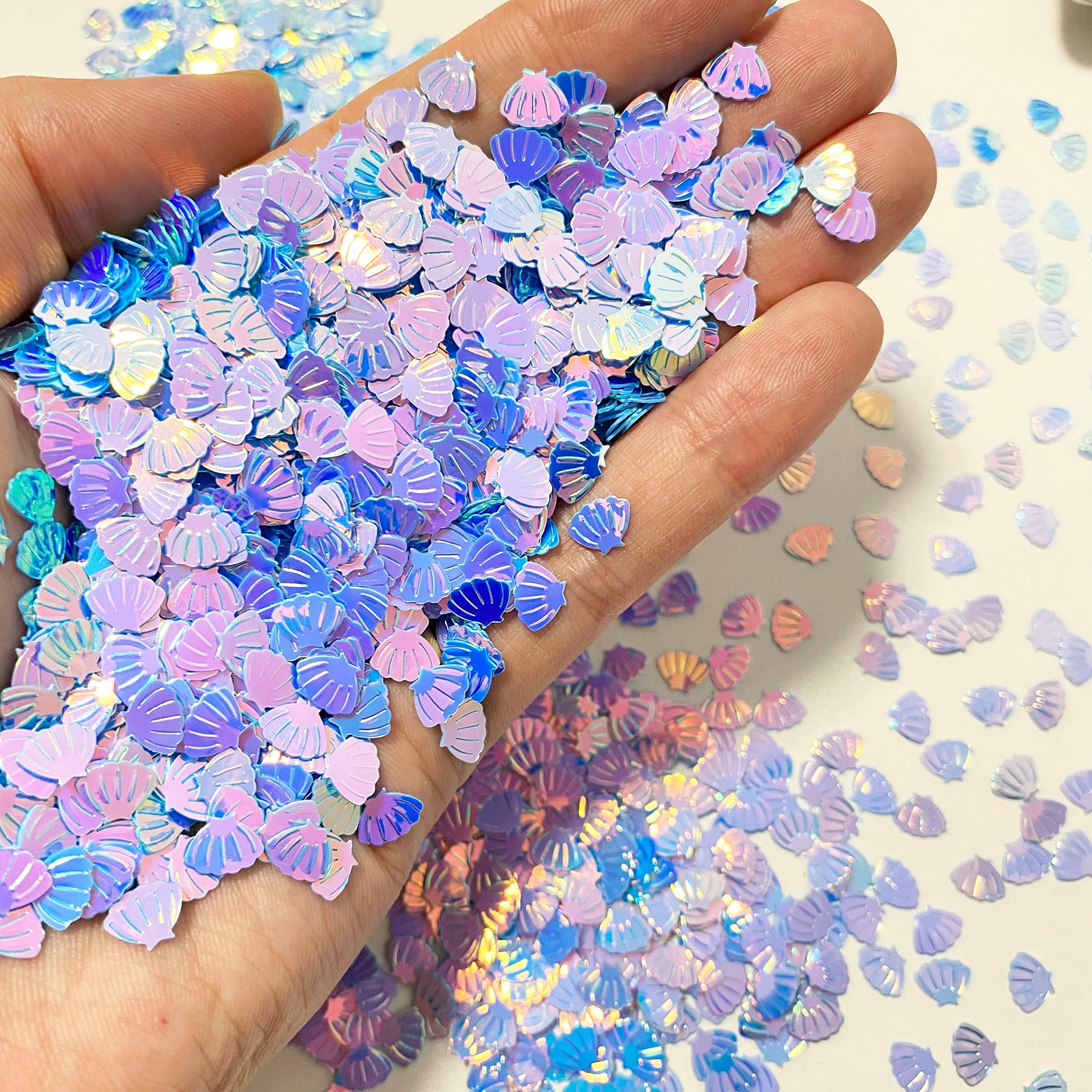 E-ASUM 2000 Pieces Mermaid Scallop Party Glitter PVC Confetti for DIY Mold Art Nail Artwork Holiday Engagement Wedding Bridal Shower Birthday Valentines Party Decorations