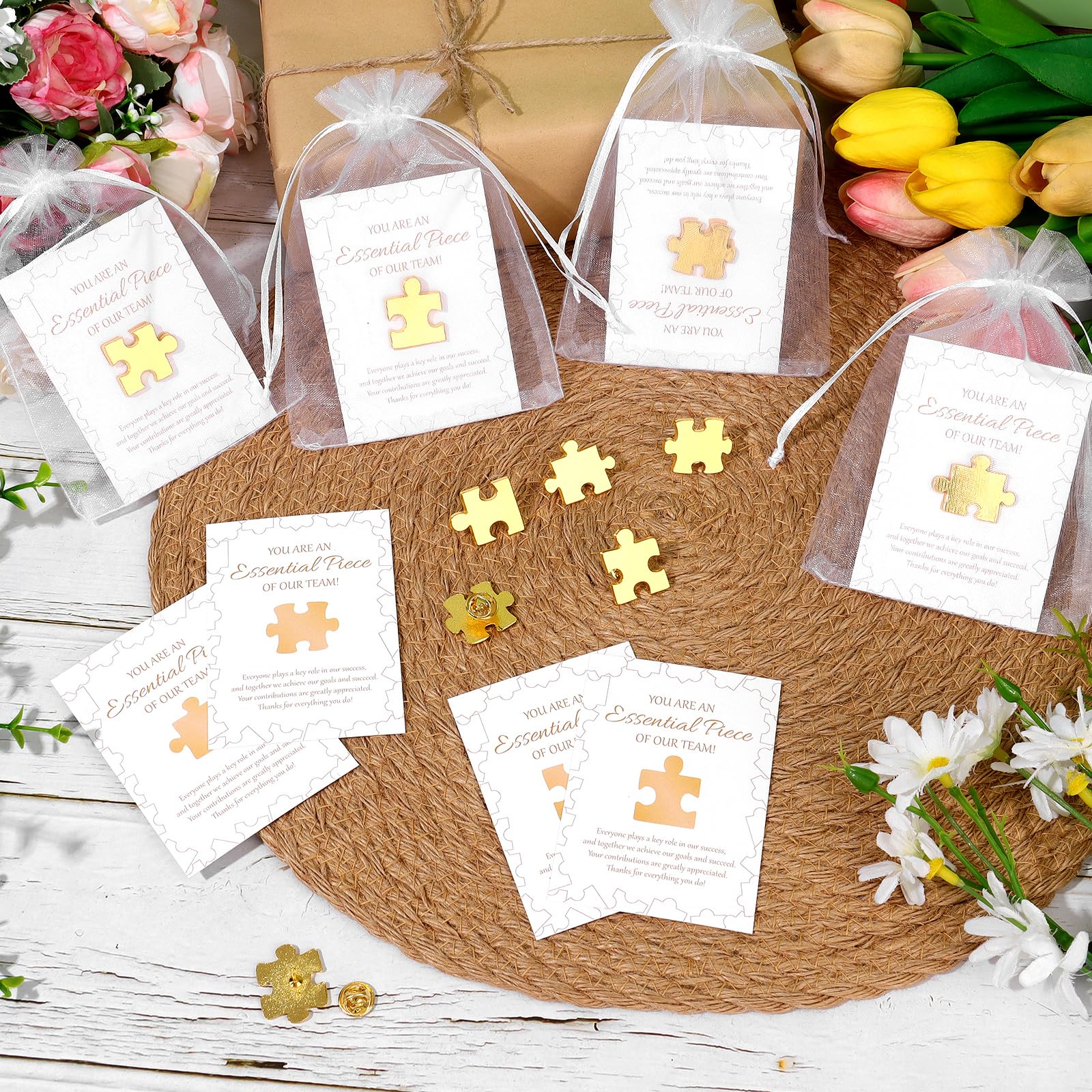 24/48 Sets Staff Appreciation Small Gifts Bulk - Puzzle Piece Lapel Pins Thank You Cards Organza Bags,Employee of the Month Associate Recognition Holiday Gifts for Teacher Nurse Team (24) - Image 4