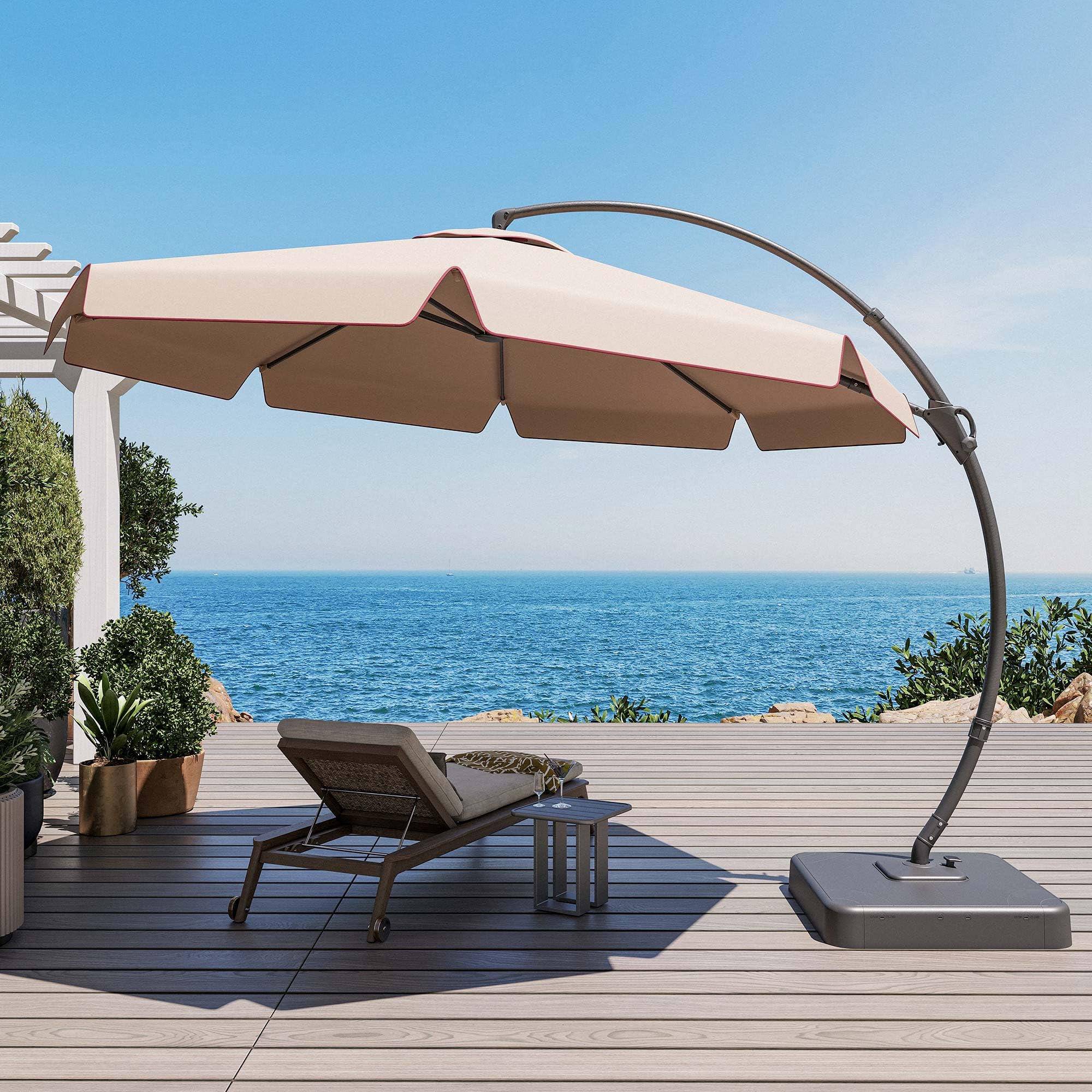 LAUSAINT HOME Outdoor Patio Scalloped Umbrella, 11 FT Deluxe Curvy Cantilever Umbrella Heavy Duty Offset with 360° Rotation for Market, Pool, Garden, Backyard, Deck (Beige)