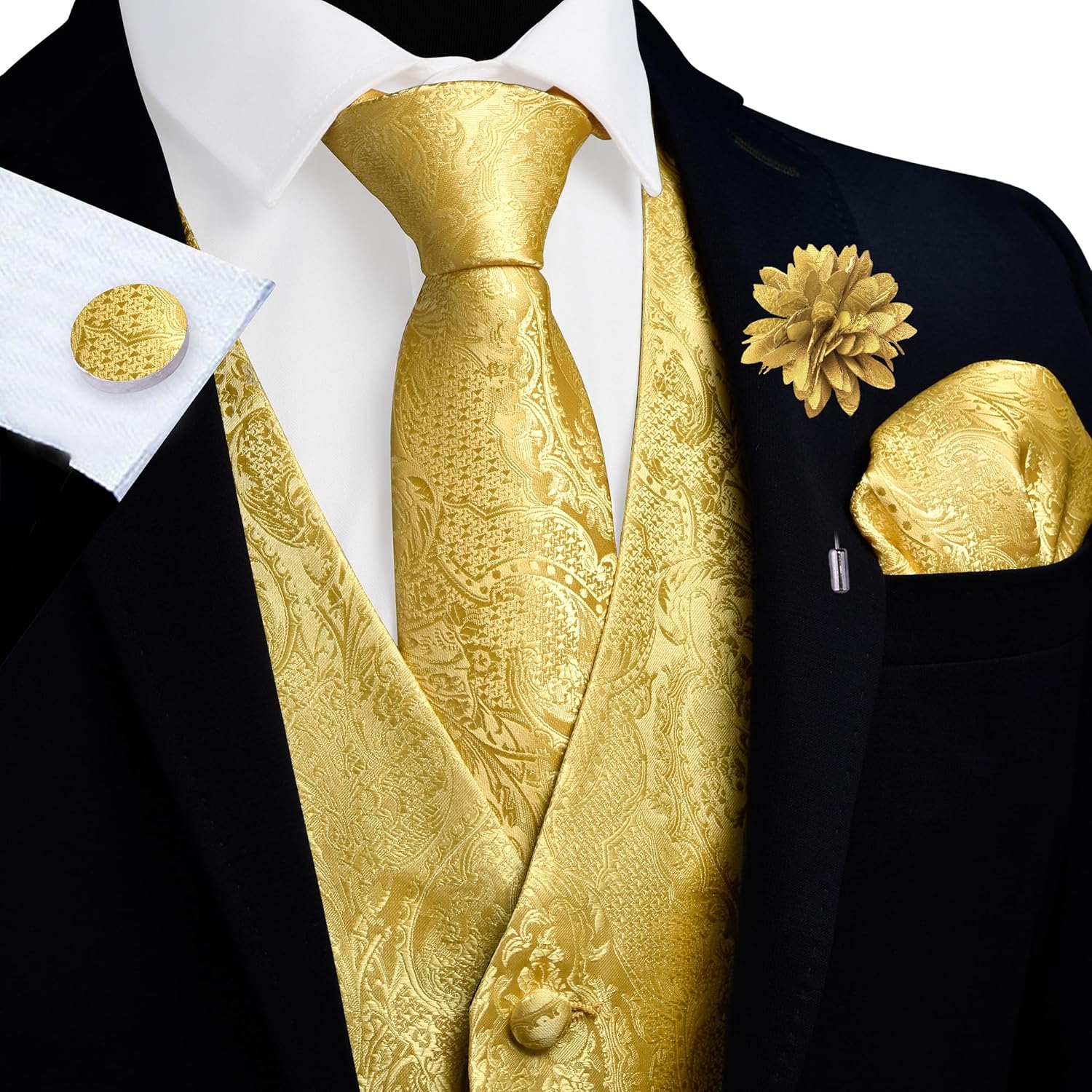 GUSLESON Fashion Vest for Men Paisley Jacquard Tie Waistcoat Bow tie Hanky Lapel Pin Cufflinks Set Wedding 7PCS
