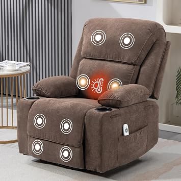 Recliner Chair with Massage& Heat Extended Footrest Armchair Padded Seat Manual Adjustable Legrest and Backrest with Cup Holders for Living Room Bedroom Home Cafe 360  Swivel, Rocking Function