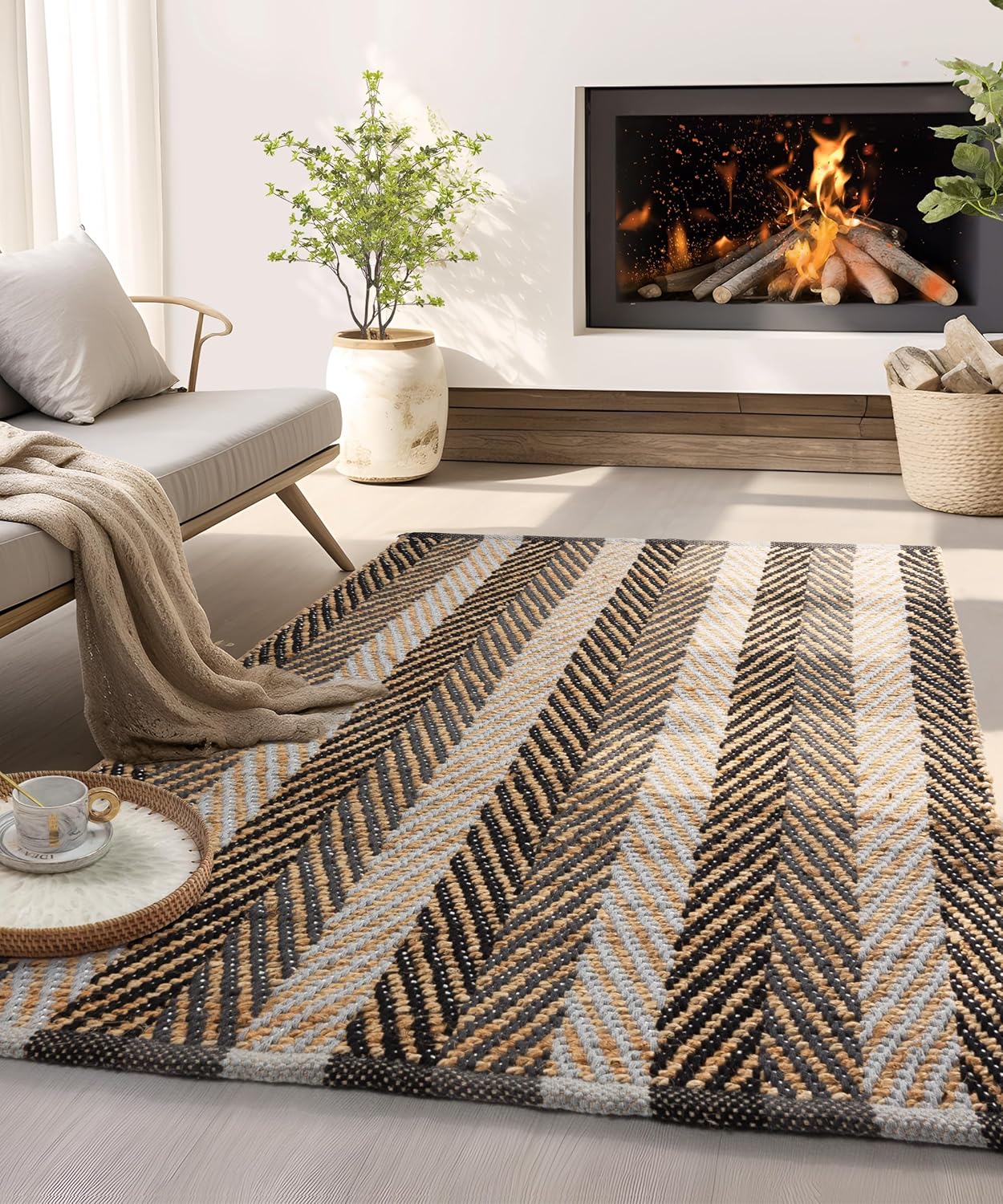 SUMGAR Jute Rug 3x5 Black and Beige Area Rug Modern