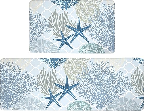Juego de 2 tapetes de cocina de playa costera, antifatiga, para suelo de cocina, tema oceánico, impermeable, antideslizante, tapete acolchado