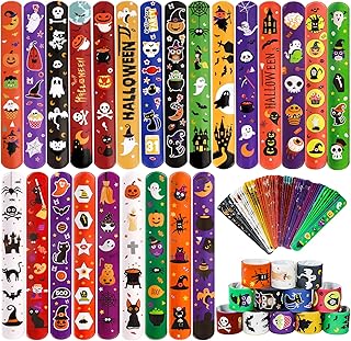 MGparty 72PCS Halloween Slap Bracelets - 24 Halloween Theme Designs Spider Pumpkin Ghost Zombie Bat Witches Snap Bracelet for Kids Party Favors Toys Prizes Pinata Goodie Bags Fillers