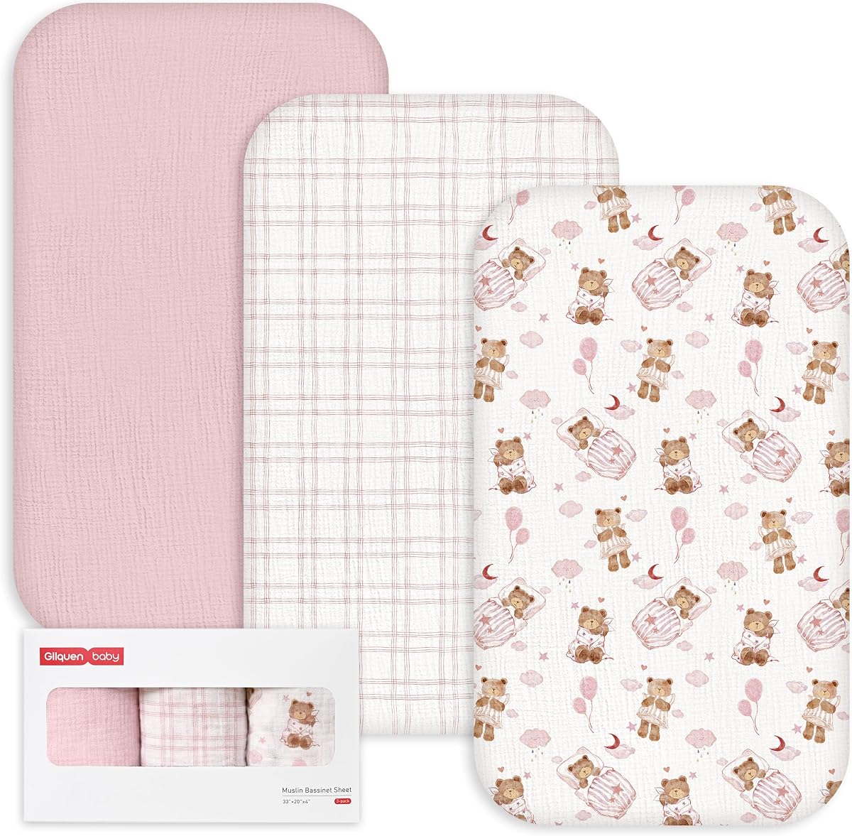 3-Pack Muslin Cotton Bassinet Sheets, 33"x20" Bedside Sleeper | Compatible with Baby Delight, Newton, Dream on Me Rectangle Bassinet Mattress, Oeko-TEX Fitted Crib Sheets Pink Bear Girl
