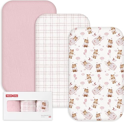 Miniatura 23 de Gllquen Baby Paquete de 3 sábanas de muselina para moisés, transpirable, elástica, acogedora, de algodón, para bebé, niño y niña, apta para sábanas