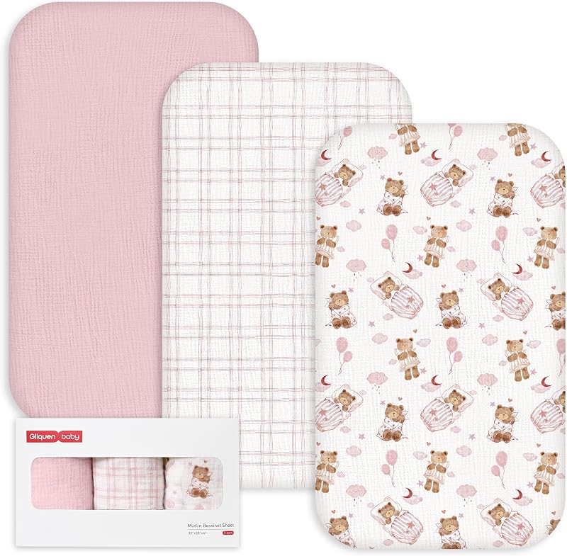 3-Pack Muslin Cotton Bassinet Sheets, 33"x20" Bedside Sleeper | Compatible with Baby Delight, Newton, Dream on Me Rectangle Bassinet Mattress, Oeko-TEX Fitted Crib Sheets Pink Bear Girl