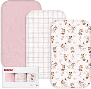 3-Pack Muslin Cotton Bassinet Sheets, 33"x20" Bedside Sleeper | Compatible with Baby Delight, Newton, Dream on Me Rectangle Bassinet Mattress, Oeko-TEX Fitted Crib Sheets Pink Bear Girl