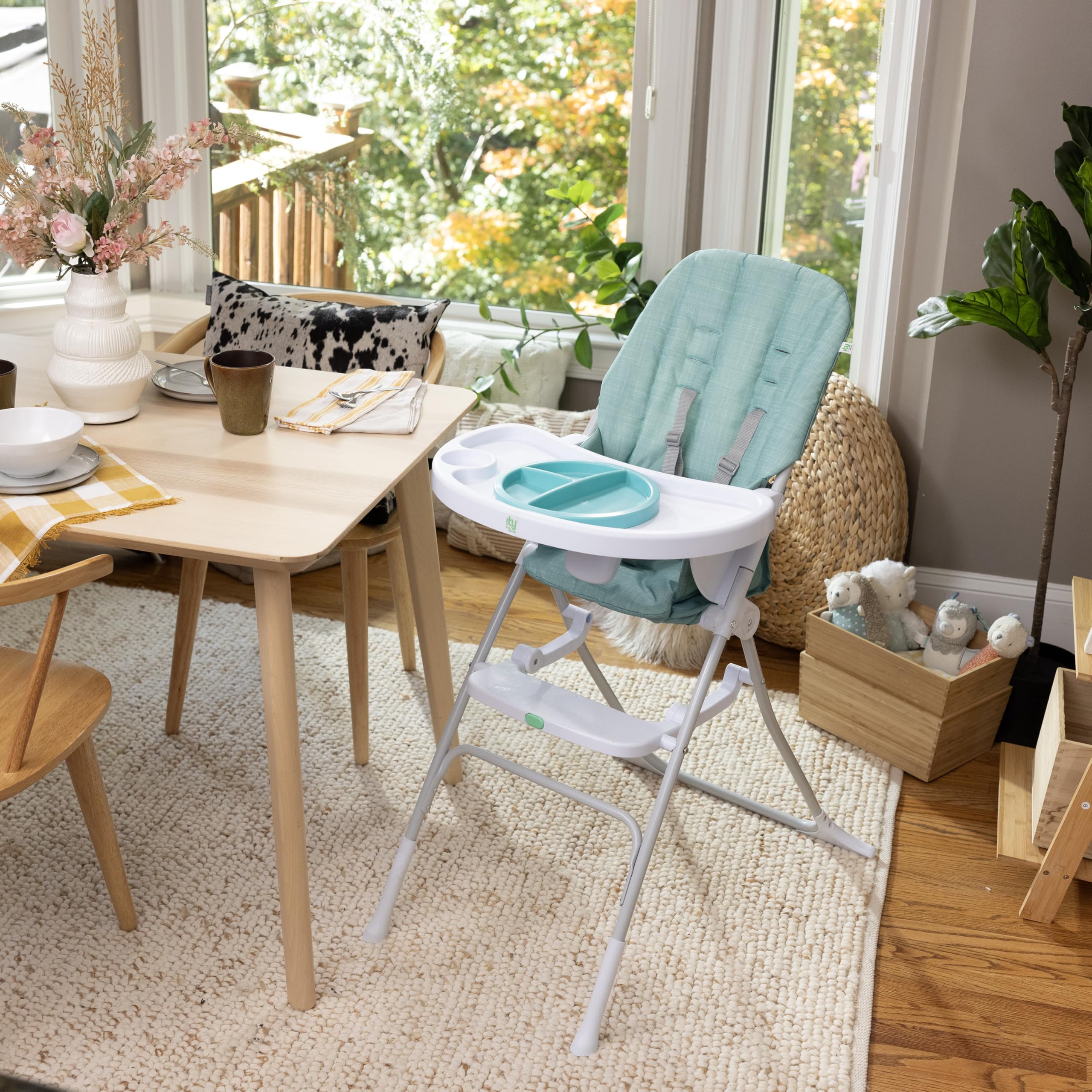 Ingenuity: ity by Ingenuity, Chaise Haute Pliable Compacte Sun Valley, Assiette Sûre Alimentaire, Harnais 5 Points, Dès 6 Mois, Unisexe - Turquoise