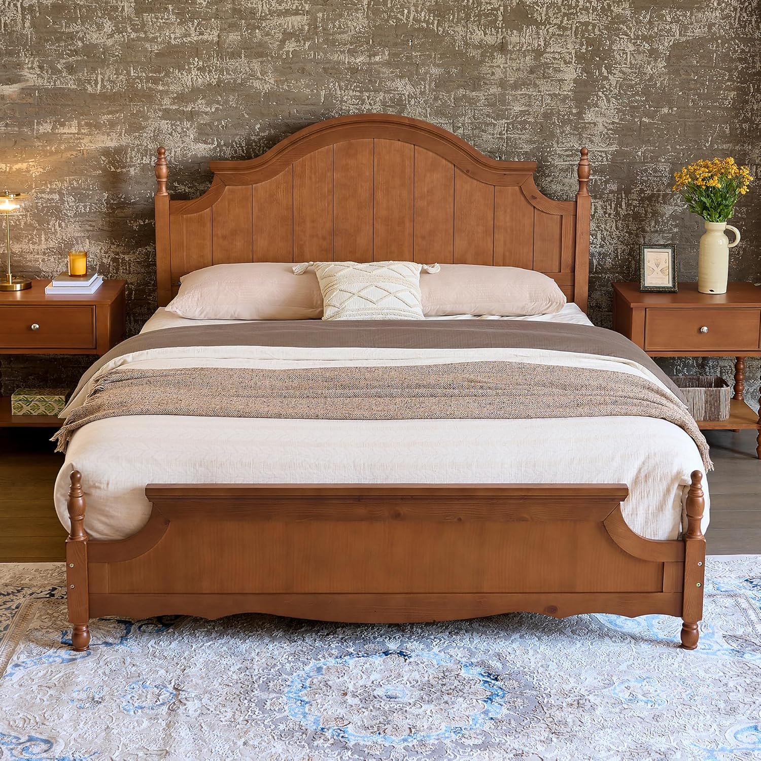 Queen Size Solid Wood Bed Frame with 55" Arched Headboard, Traditional Poster Bed with 12 Wooden Slat Base, No Box Spring Needed/Noise Free& Non Slip/Easy Assembly, Caramel