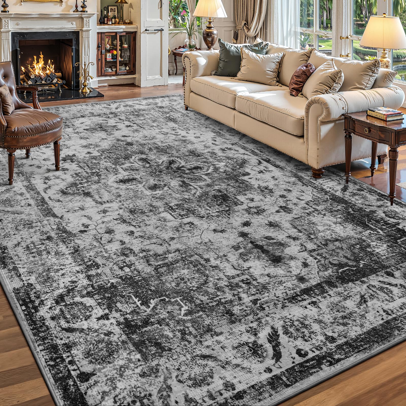 YOH Boho Washable Rug 6x9, Black Vintage Non Slip Area Rug, Distressed Indoor Carpet for Living Room Bedroom Kitchen Office