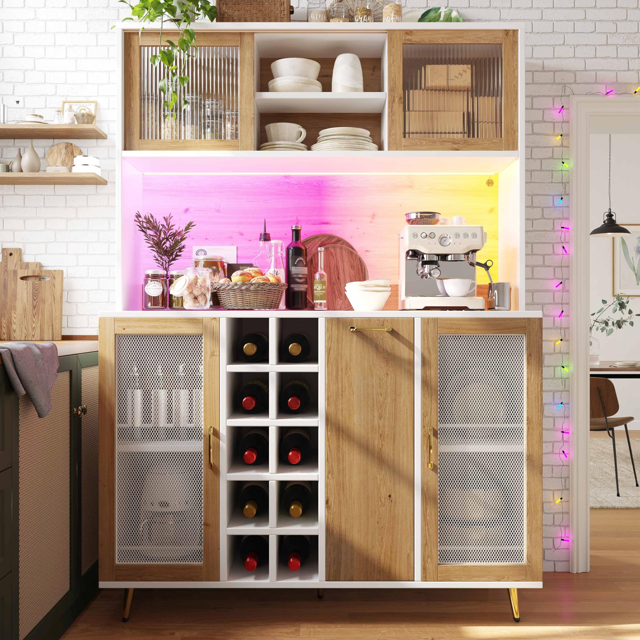 Seitenboard/Aufbewahrungsschrank/Küchenschrank/Buffetschrank, 120x40x170cm, mit LED-Beleuchtung, Weinregal, integrierte Steckdose, Weiß mit Holzoptik