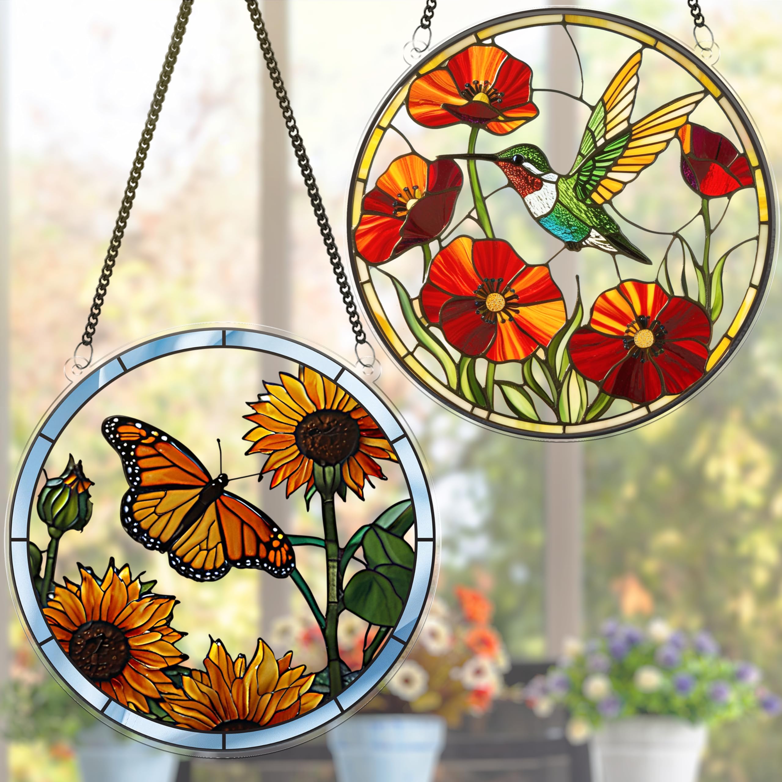 2 Pack Suncatcher for Window Hanging, Hummingbird and Butterfly Acrylic Suncatcher, Art Decor for Home, Indoor, Garden, Housewarming, Gift for Mom, Grandma, Women, Friend, Bird Lover SCB-A6-B2