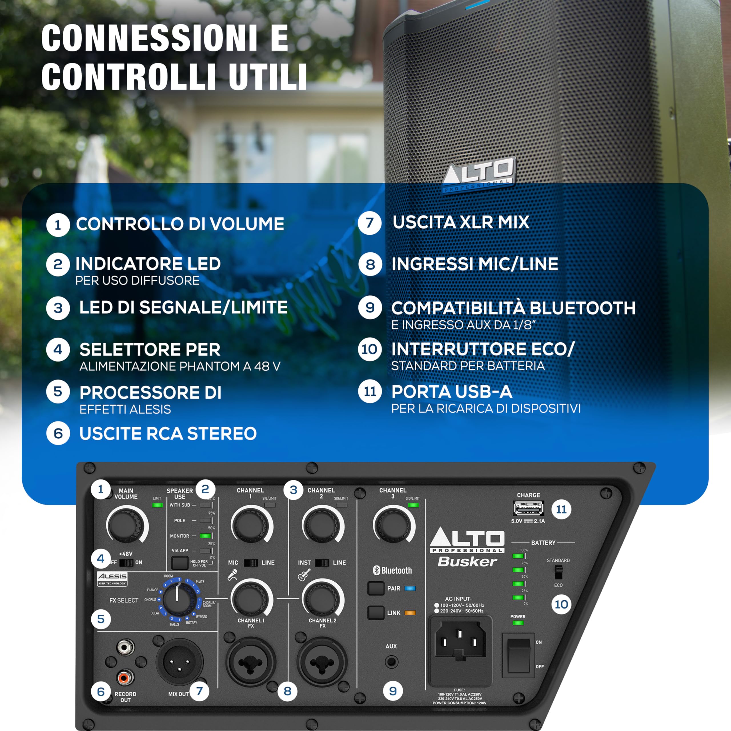 ALTO Busker Cassa Amplificata Portatile da 200W con Batteria Ricaricabile, Bluetooth, Mixer a 3 canali, Effetti Alesis, Controllo via App e Carica USB