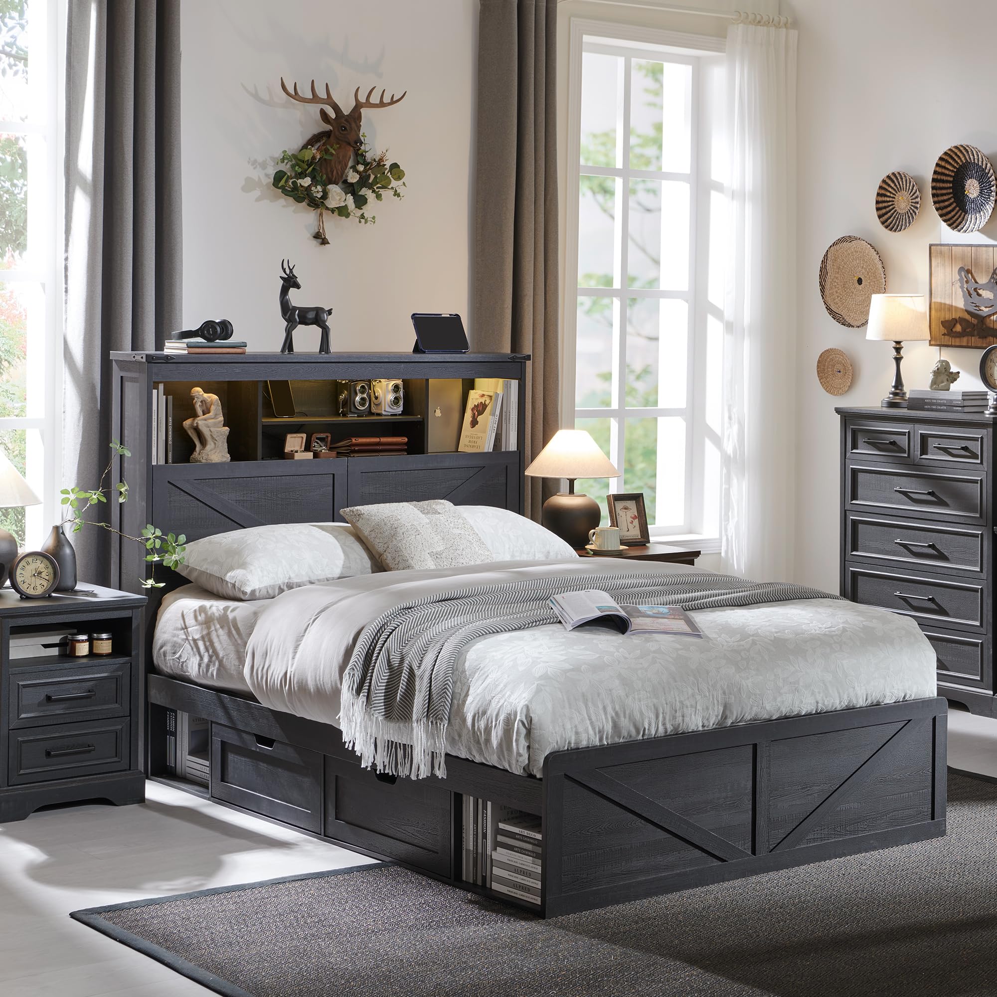 ACCOHOHO Farmhouse Full Size Bed Frame with tall storage headboard