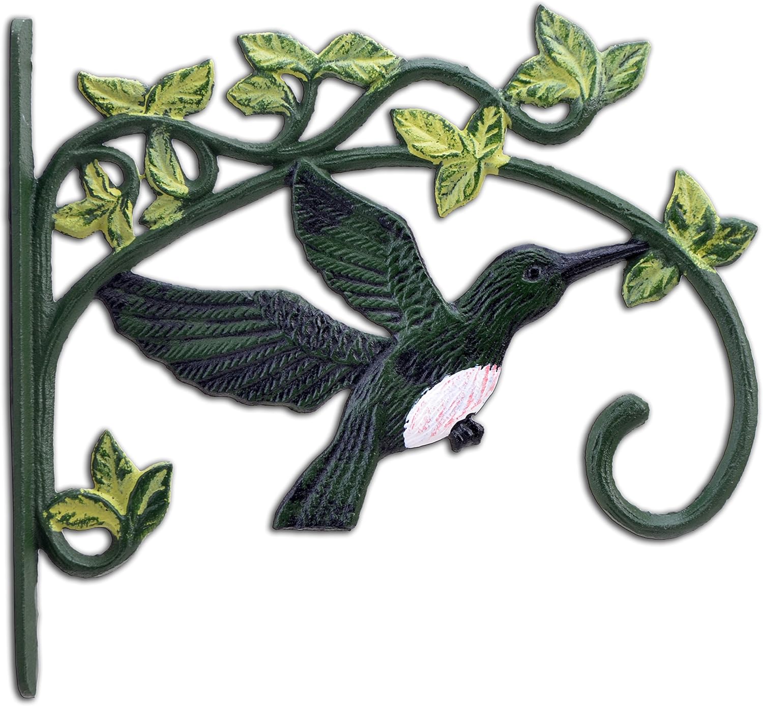 Cast Iron Plant Hanger Flower Basket Hook Green Hummingbird with Pink Belly Heavy Duty 11.25 Deep Bracket
