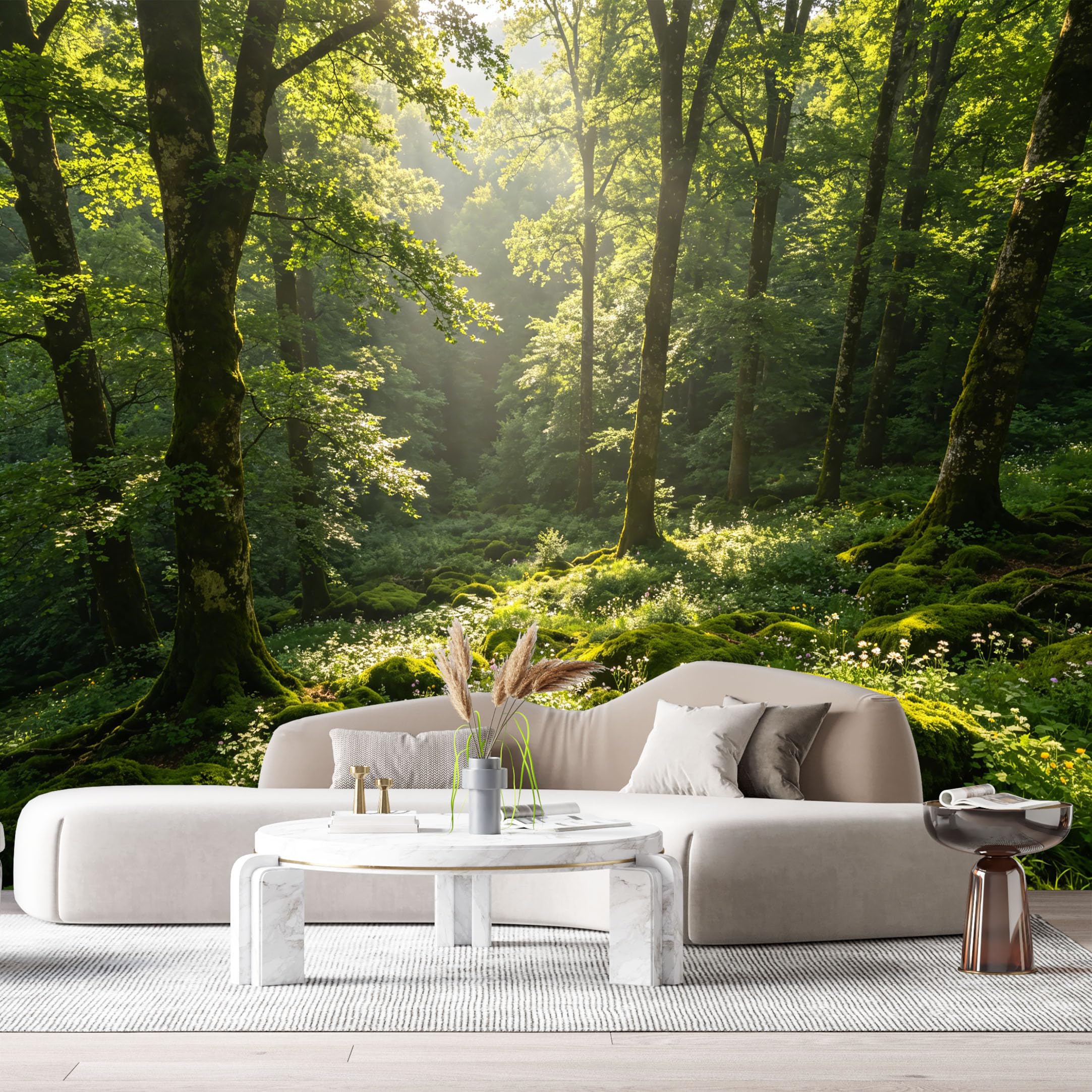 Custom Size Wall Murals Sunlit Forest Landscape Mossy Trees Botanical Green Nature SelfAdhesive Wall Fabric Removable Large Wallpaper for Photo Living Room
