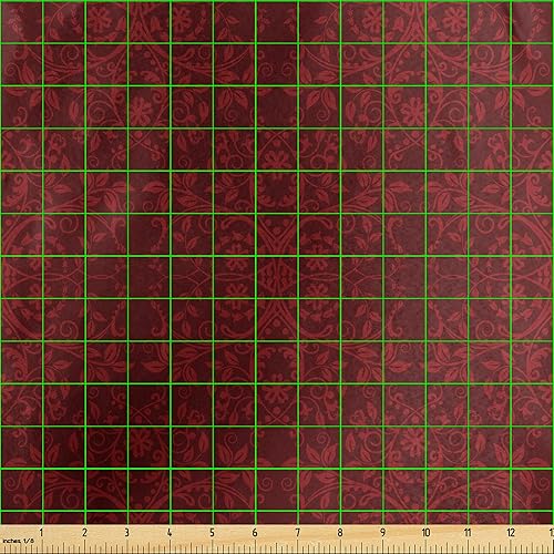 Miniatura 3 de Lunarable Burgundy Fabric by The Yard, Intricate Spring Motifs Abstract Style Blossoming Branches Flower Buds, Decorative Satin Fabric for Home