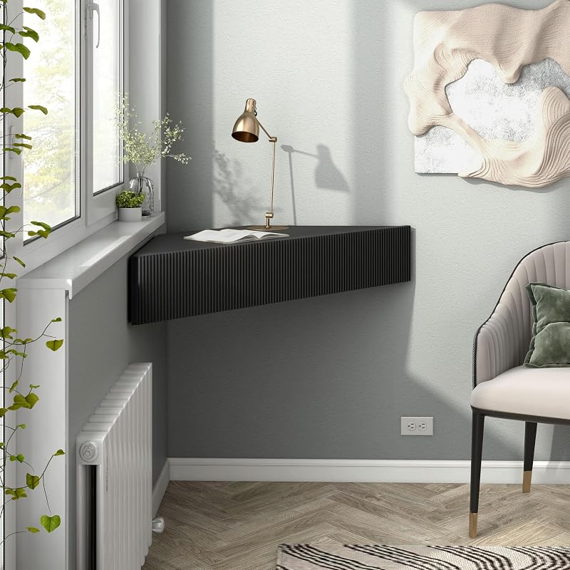 24/7 Shop at Home French 47 inch Modern Floating TV Console Table with 3D Wavy Panel Door, Wood Entertainment Center with Storage Space, Wall Corner Shelf for Living Room, Bedroom, Office, Black Pure image 3
