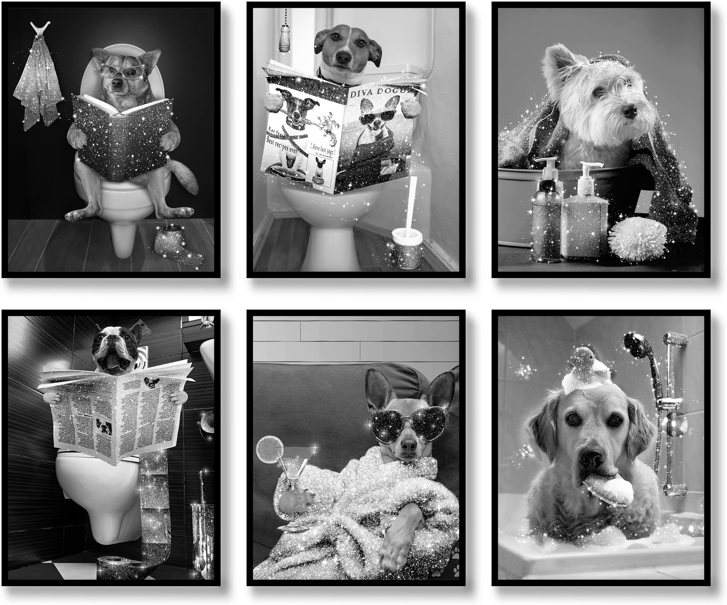 YAODAYAO Glam Glitter Tissue Bathroom Art Set of 6 - Black and White Canvas Poster Modern Fun Fashion Wall Art - Dog Funny Wall Decor (11"x14" UNFRAMED)