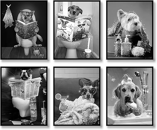 YAODAYAO Glam - Juego de 6 lienzos artísticos con purpurina para baño, póster de lienzo en blanco y negro, moderno y divertido, decoración de pared