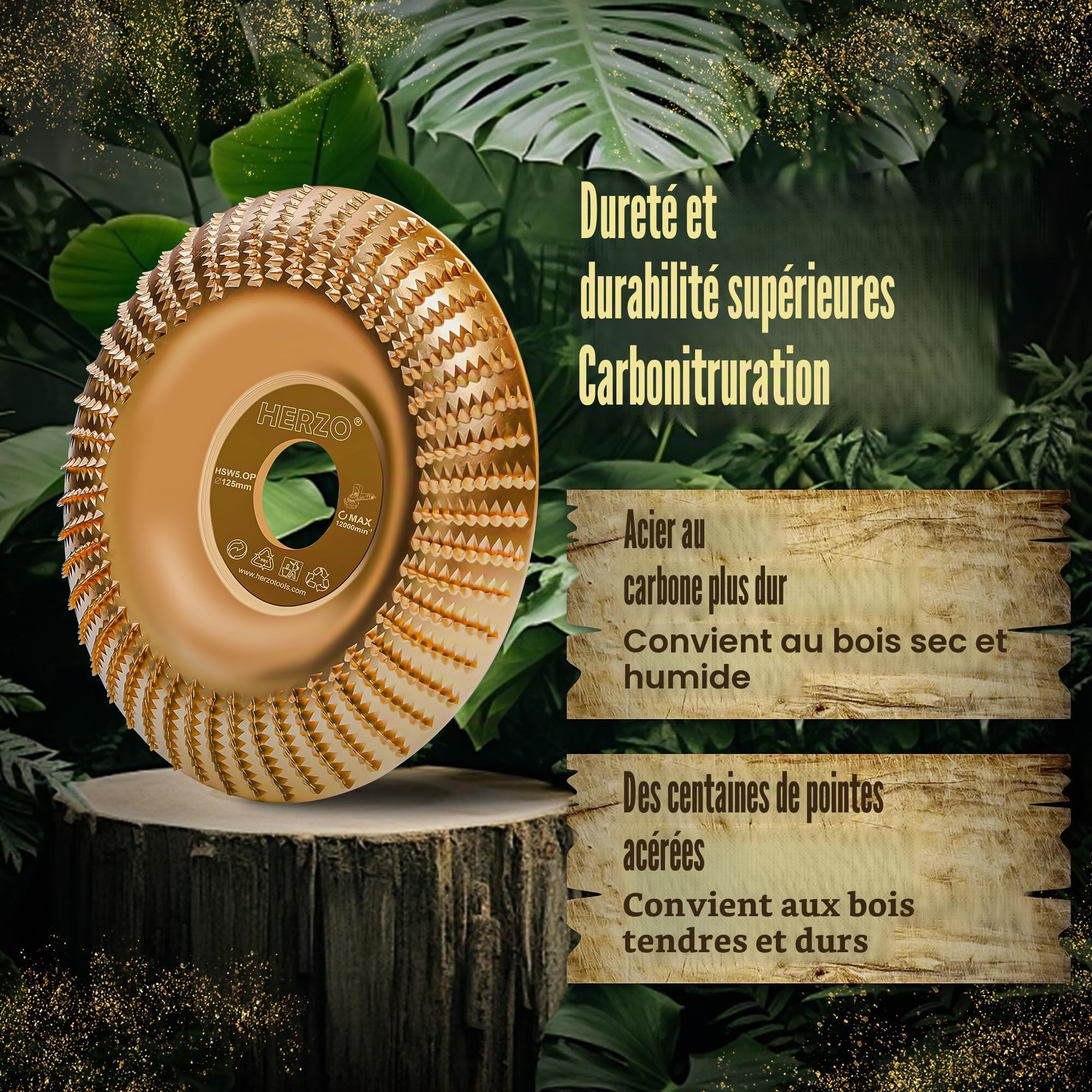 HERZO Disque de ponçage pour bois pour meuleuse d'angle 125 mm Ensemble de disque de sculpture en bois 2 pièces