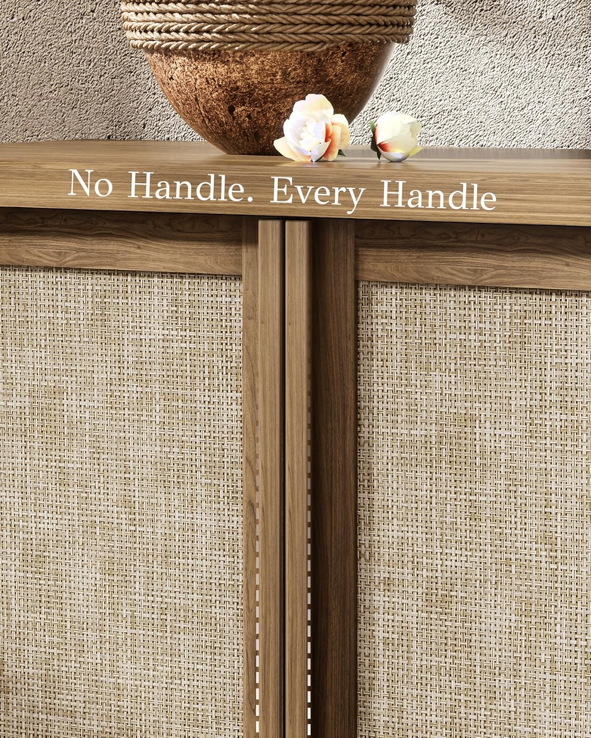 Yechen Buffet Cabinet with Storage, 63" Wide Sideboard with Solid Wood Handles and Rattan Look Accent Doors, Flexible Shelves, for Living Room, Kitchen, Natural Walnut
