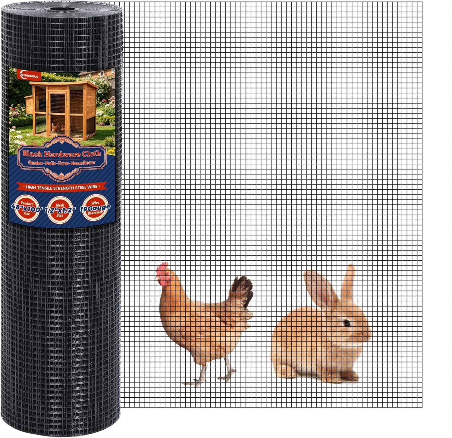 Black Hardware Cloth 19 Gauge 1/2 inch 48 inch x 100 Foot Chicken Wire Fencing Roll PVC Coated Wire Mesh Vinyl Coated Fence for Chicken Coop Garden Fencing Rat Wire Mesh