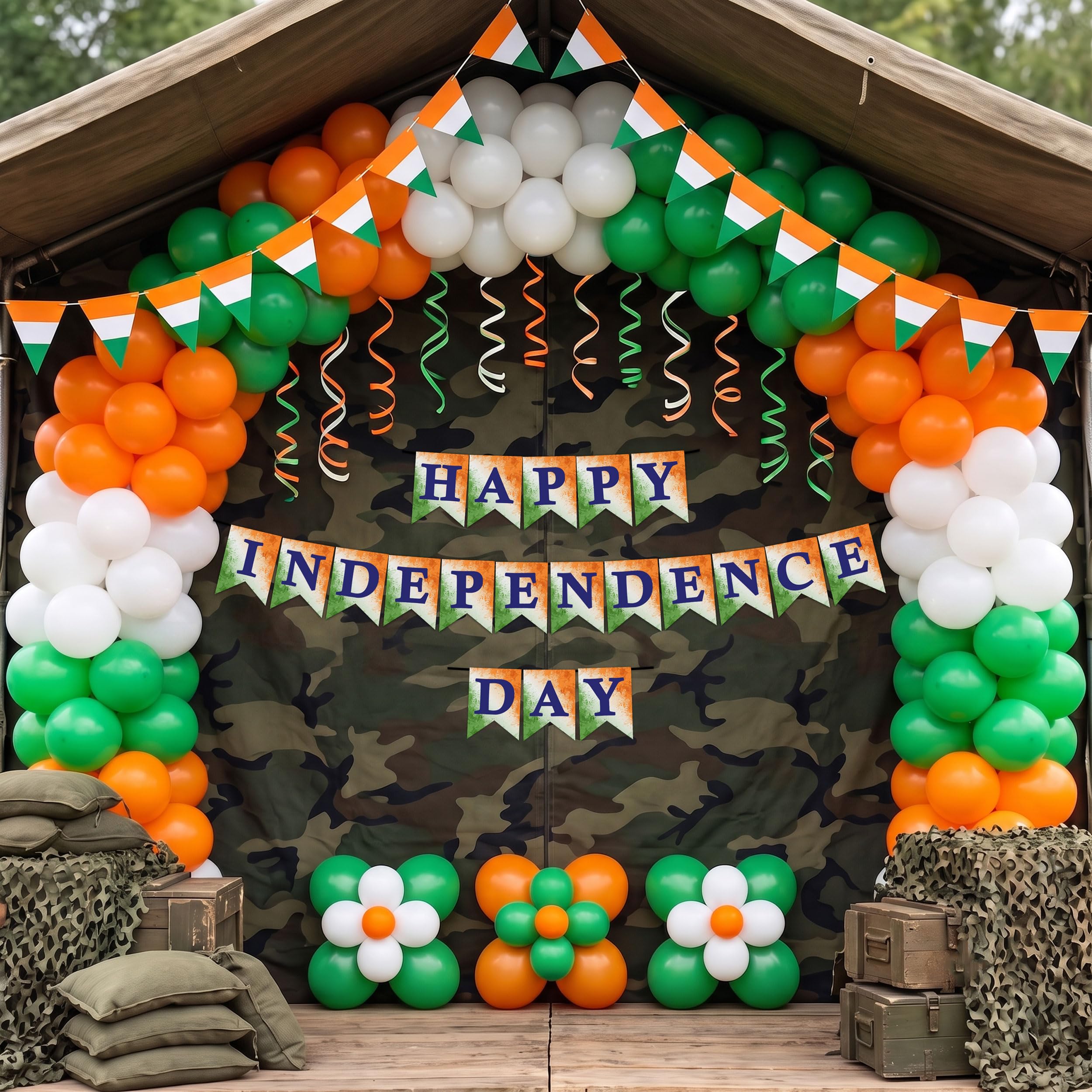 Independence Day Decoration Items Pack of 175 | Multicolor "HAPPY INDEPENDENCE DAY" Banner, 20 Pennant Flags, 150 Metallic Balloons, Ribbons & Garland Kit For 15th August on Army Camp-image-2