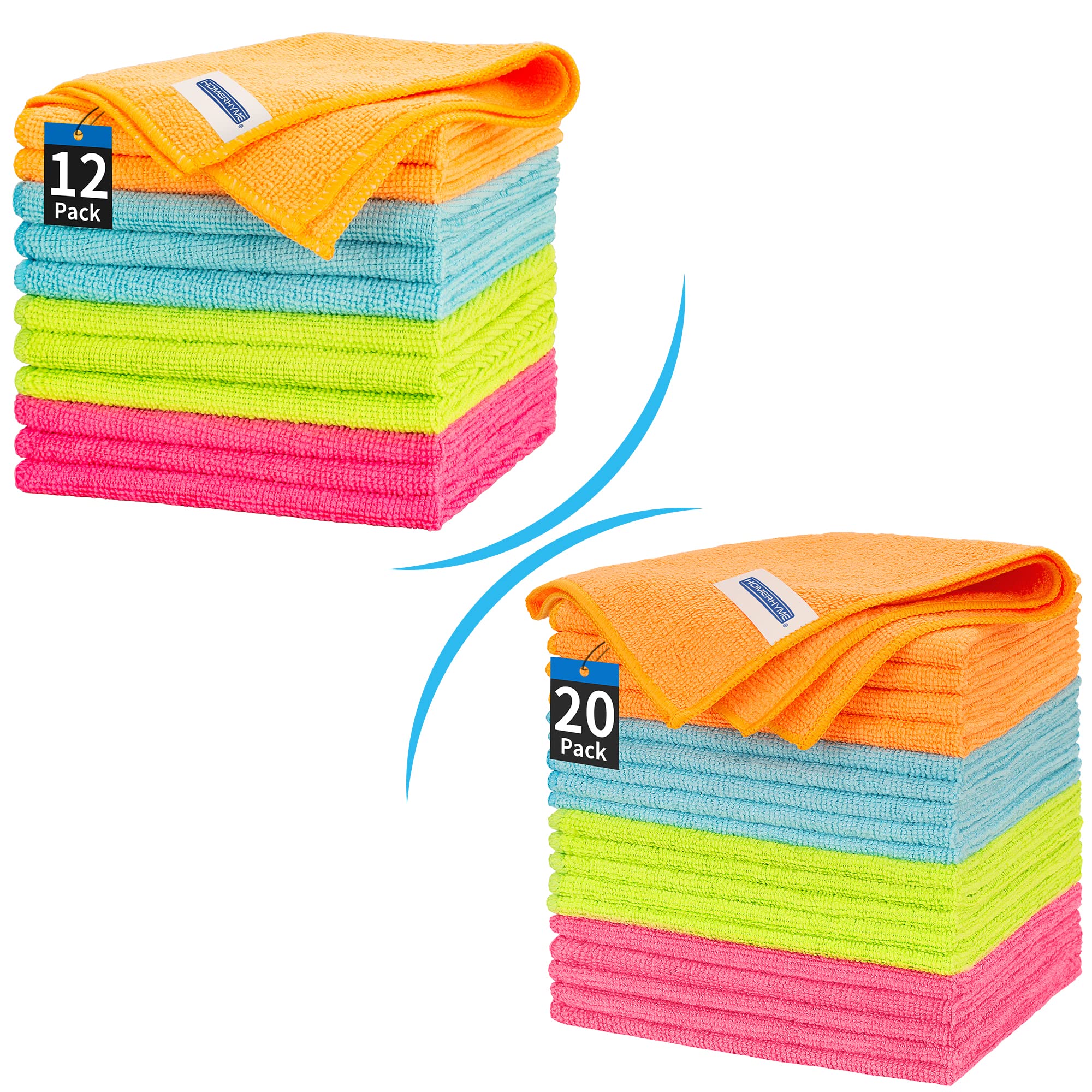 HOMERHYME Microfiber Cleaning Cloth 12 Plus 20 Pack Cleaning Towels, 12" x 12" Dish Cloths, Lint Free Rag, Non-Abrasive Dusting Cloth, Washable, and Reusable