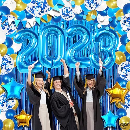 Miniatura 6 de KatchOn, Juego de decoraciones de graduación azul y dorado 2024, paquete gigante de 144, kit de arco de globos de graduación 2024 | Globos azules