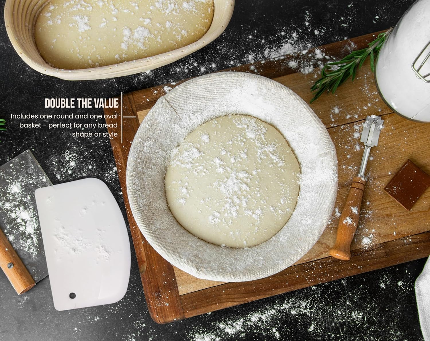 Kook Banneton Bread Proofing Baskets, Artisan Sourdough Bread Making Baskets, 9 Inch Handwoven Rattan Baskets, 1 Round and 1 Oval Basket, and 2 Cloth Liners, Set of 2 - Image 3