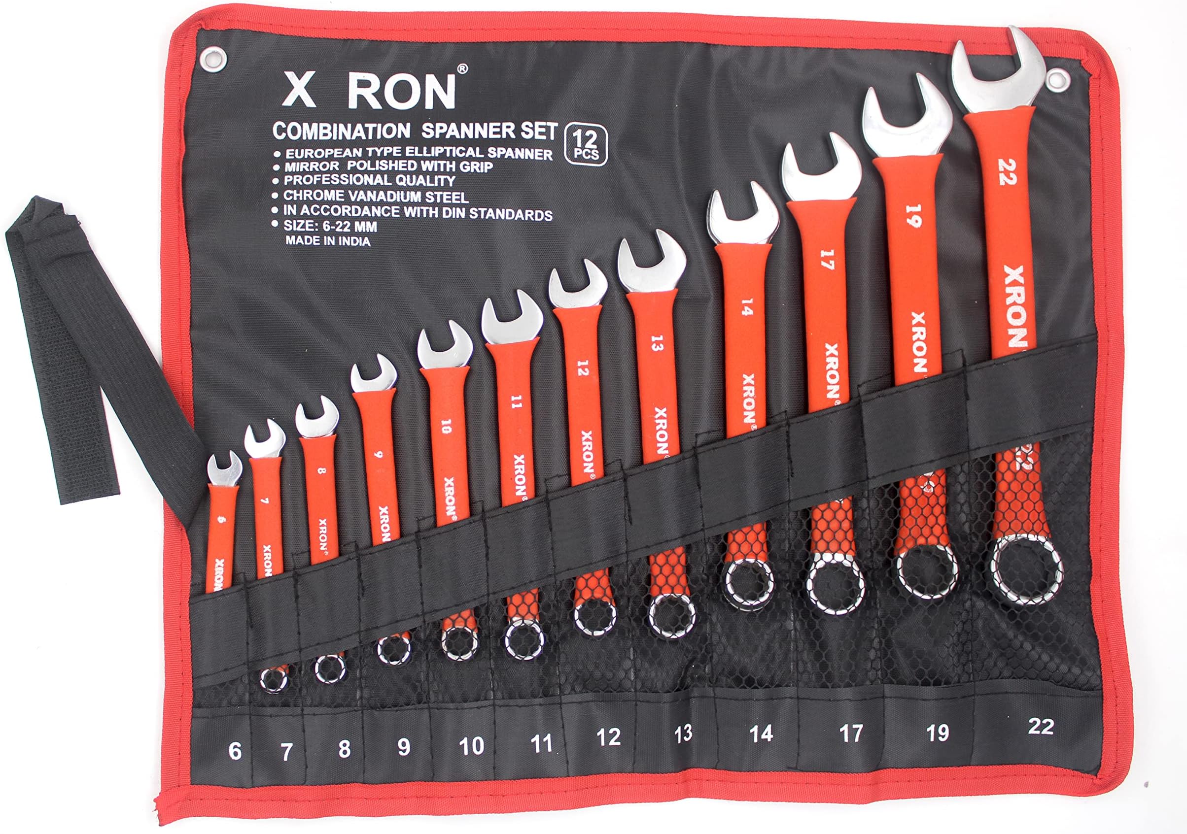 Combination Spanner Wrench Set, Combination Spanner Set 6mm To 22 mm,12-Piece,Chrome Vanadium Steel, with Rolling Pouch,Red Color (With Bag)