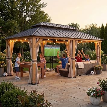 SUNJOY 12x20 Hardtop Wood Gazebo with Galvanized Steel Roof and Curtains, Outdoor Permanent Pavilion Cedar Gazebo for Backyard, Garden, Patio, Deck, Lawn