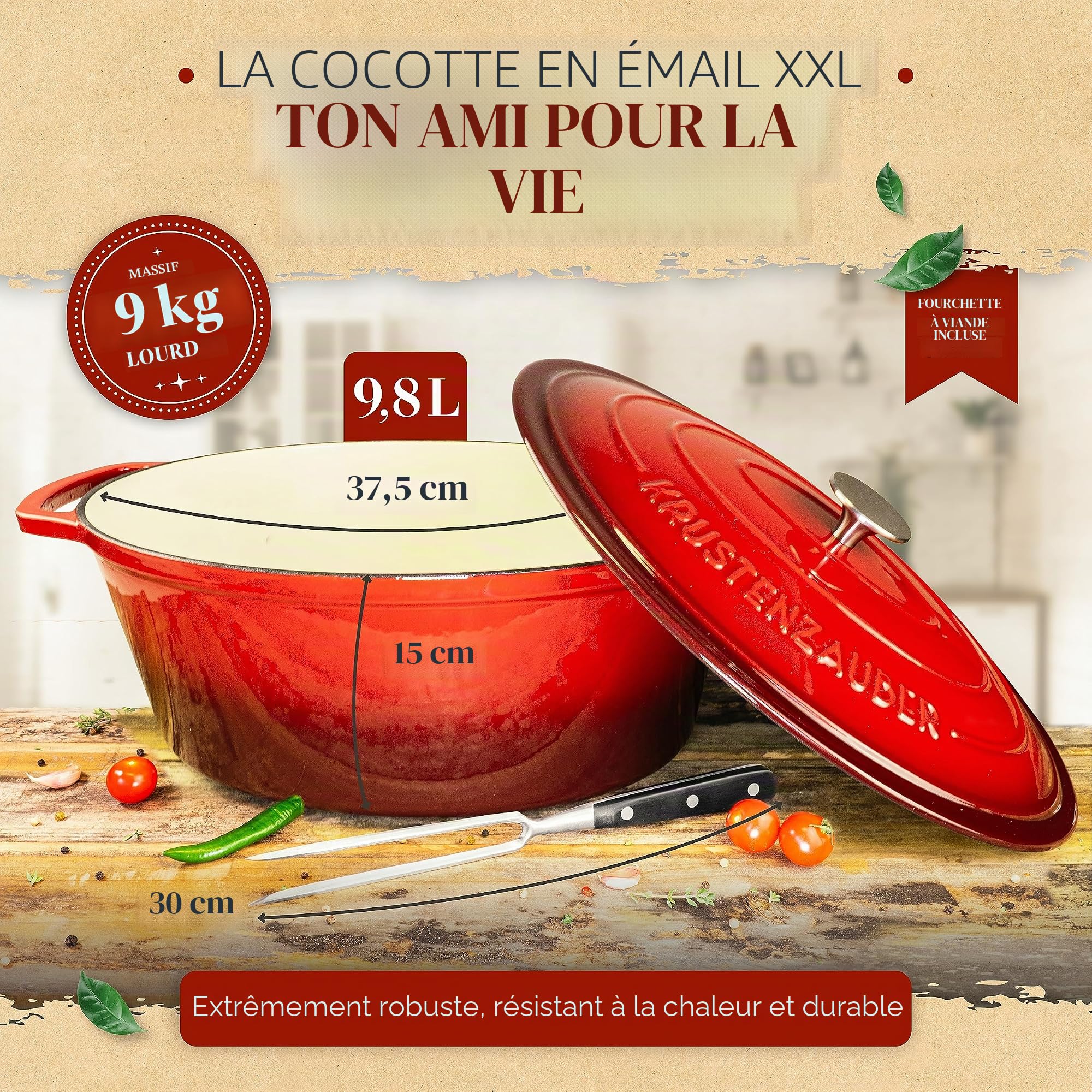 KRUSTENZAUBER Cocotte en fonte de 37,5 cm avec couvercle - Passe au four avec fourchette à viande - Grand environ Cocotte idéale XXL - Cocotte en fonte Kazan - Induction ovale