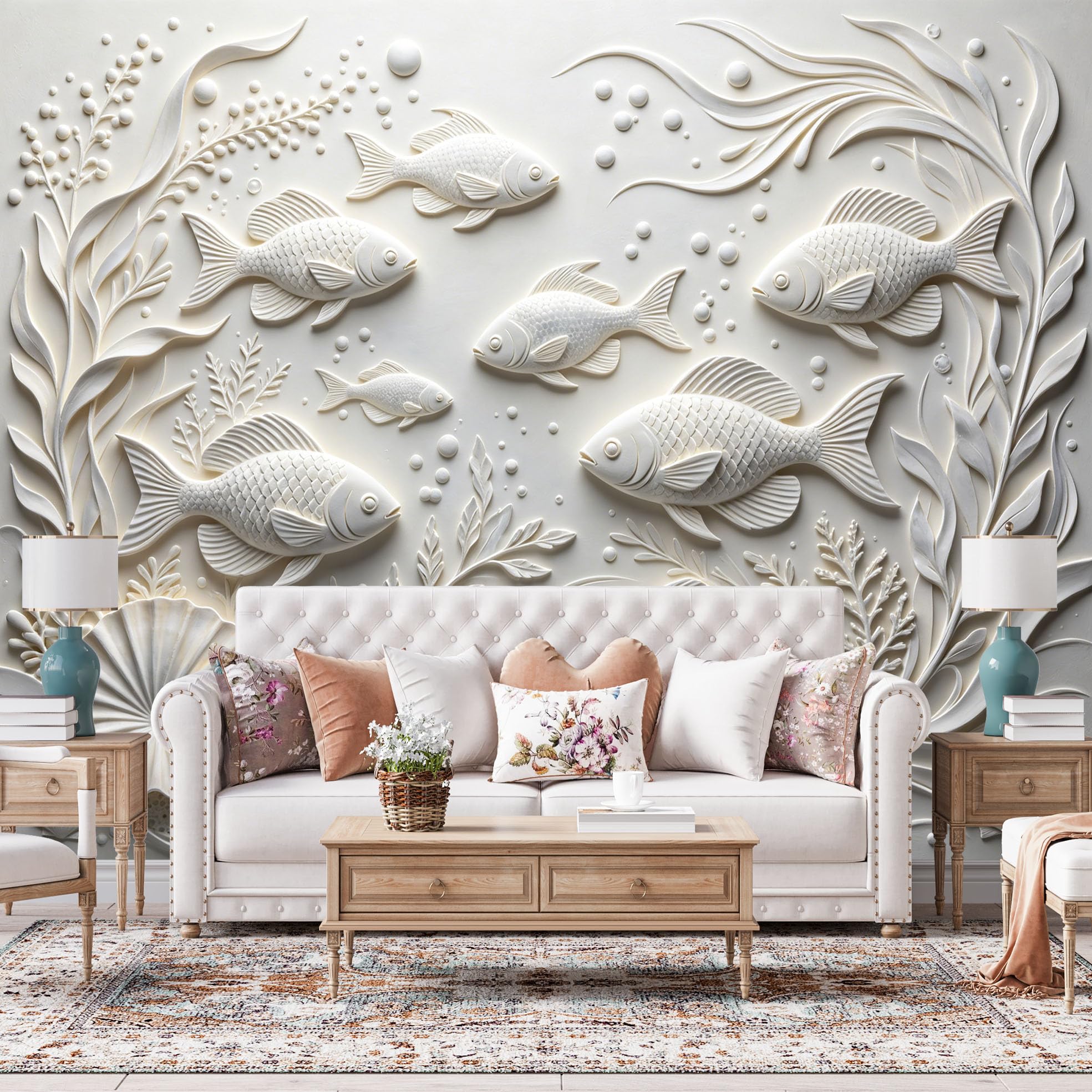 Papel Pintado Con Relieve 3D Peces De Mar Papel Pintado Autoadhesivo Pared 320Cmx600Cm(Hxw), Mural De Pared Con Relieve 3D, Papel Adhesivo No Tejido, Impermeable Y Removible Para Dormitorio Y Sala D