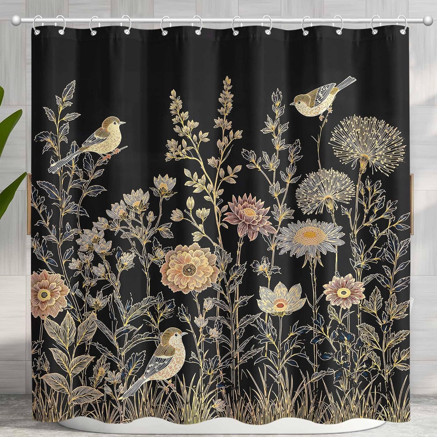 Elegant Floral Bird Shower Curtain Set, Water-Repellent Bathroom Decor with Plastic Hooks, Garden Tale Home Decor 72x72 Inch.